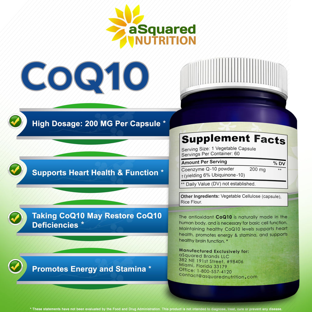 aSquared Nutrition CoQ10 200mg - 60 Capsules - CO Q 10 Supplement - Coenzyme Q10 Ubiquinone Pills - Vegan CoQ-10 Extra Antioxidant Vitamin - Alternative to Softgels & Gummies