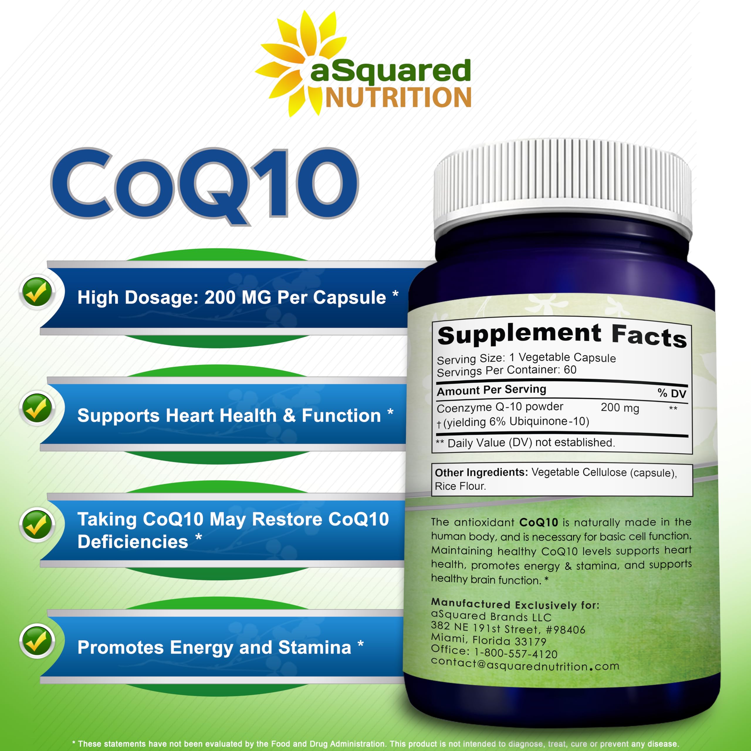 aSquared Nutrition CoQ10 200mg - 60 Capsules - CO Q 10 Supplement - Coenzyme Q10 Ubiquinone Pills - Vegan CoQ-10 Extra Antioxidant Vitamin - Alternative to Softgels & Gummies