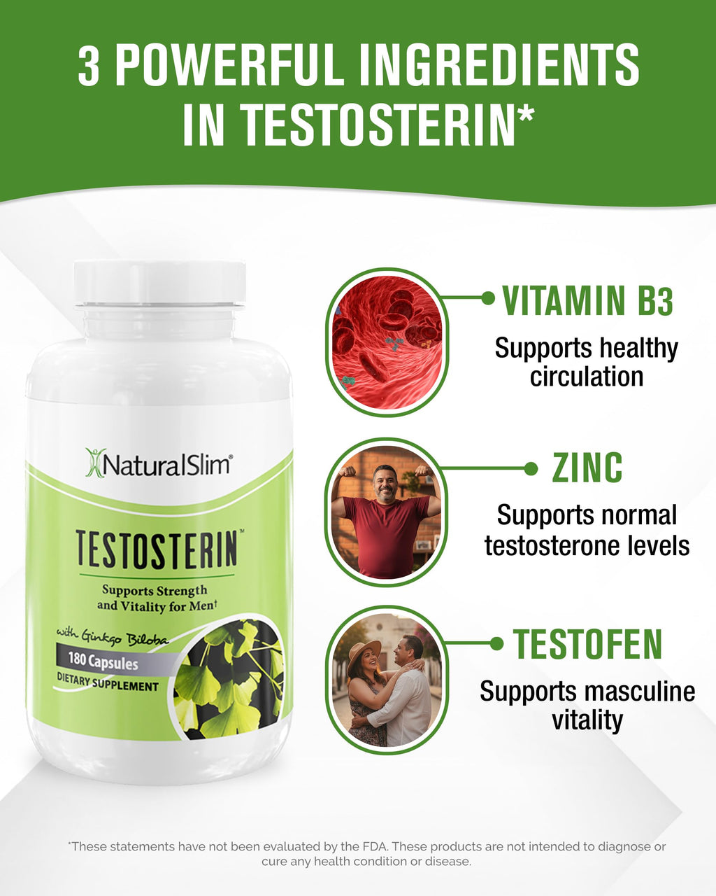 NaturalSlim Natural Testosterone Booster for Men - Male Enhancing Supplement with Ginkgo Biloba, L Arginine, Zinc, Vitamin B3, & Testofen for Energy, Muscle Builder & Metabolism - 180 Capsules