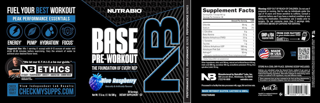 NutraBio Base Pre-Workout Powder 200mg Caffeine, Sustained Energy, Focus, Endurance, Pump, Sugar Free, Clean Preworkout for Men and Women - Beta Alanine, L-Tyrosine, 30 Servings - Blue Raspberry