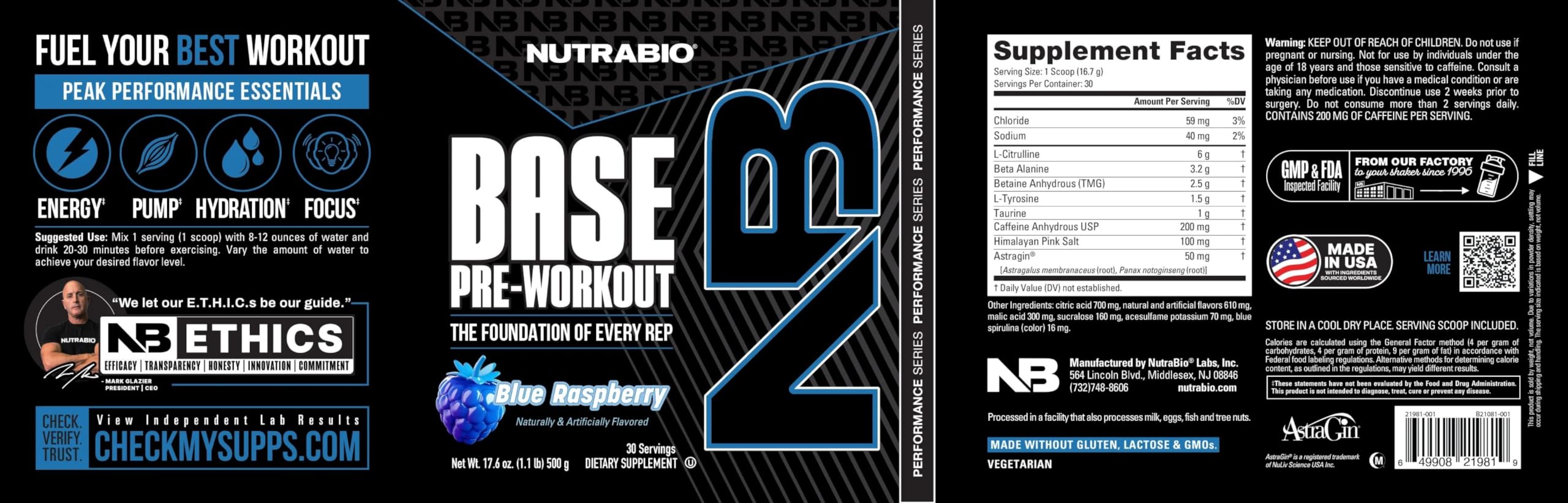 NutraBio Base Pre-Workout Powder 200mg Caffeine, Sustained Energy, Focus, Endurance, Pump, Sugar Free, Clean Preworkout for Men and Women - Beta Alanine, L-Tyrosine, 30 Servings - Blue Raspberry