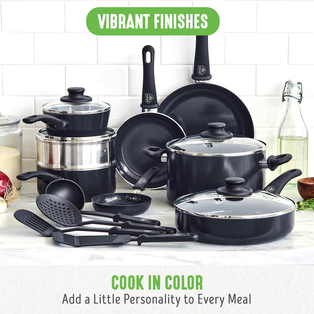 GreenLife 16 Piece Ceramic Nonstick Pots & Pans Cookware Set, Black