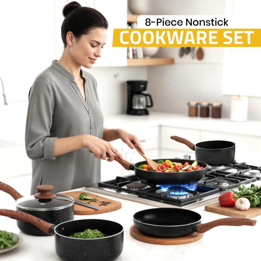 KICHLY Granite Pots and Pans Cookware Set 8 Piece PFOA-Free