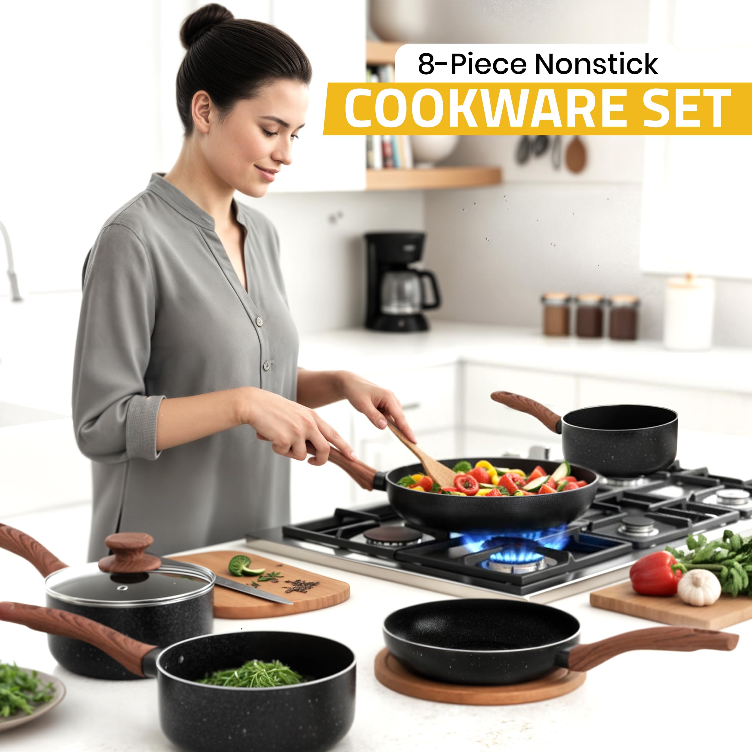 KICHLY Granite Pots and Pans Cookware Set 8 Piece PFOA-Free