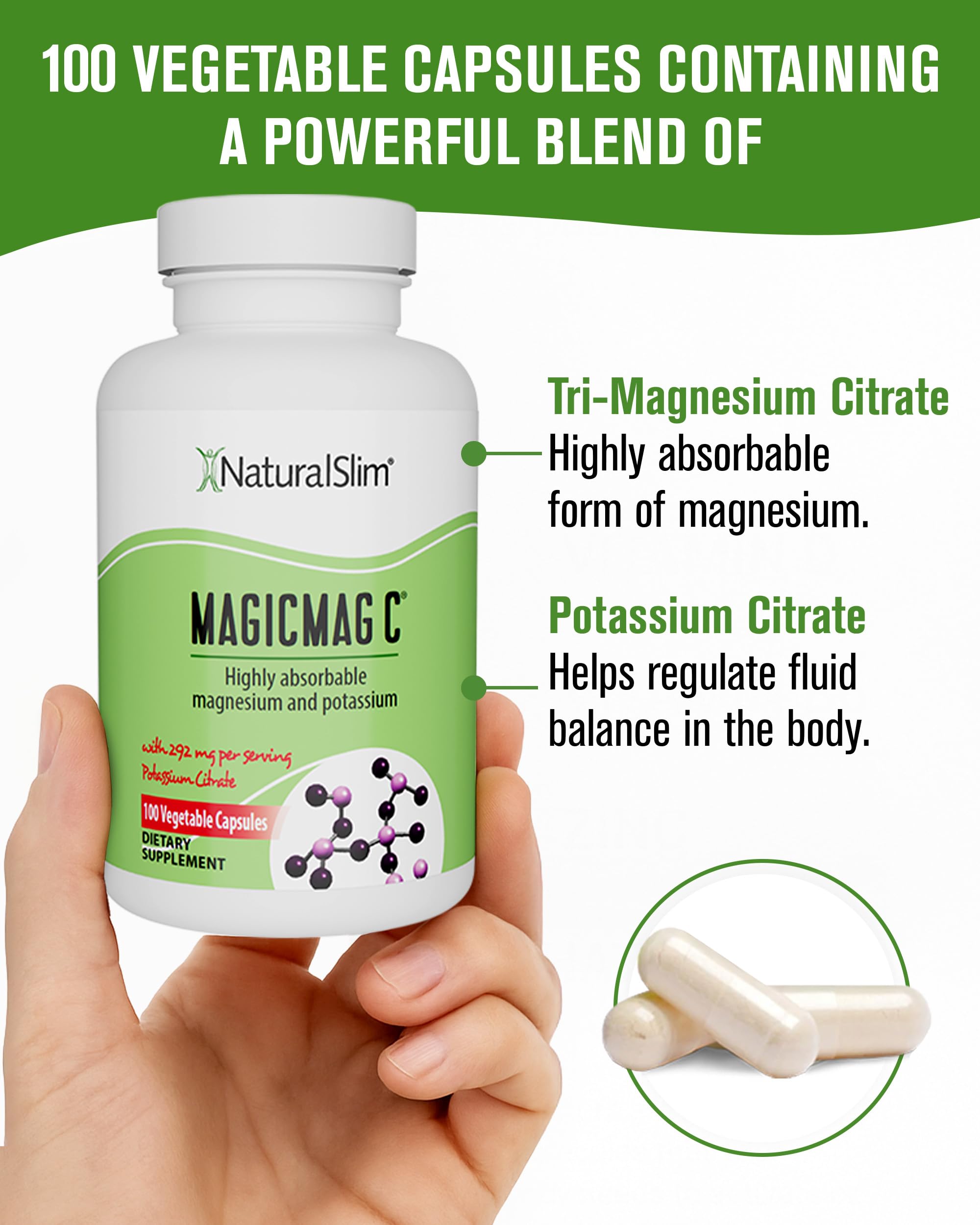 MagicMag C by NaturalSlim, Magnesium Citrate Capsules for Muscle Relaxation, Sleep Quality, Nerve Function & Electrolyte Support, Daily Magnesium Supplement for Men and Women, 100 Capsules 2 pack.
