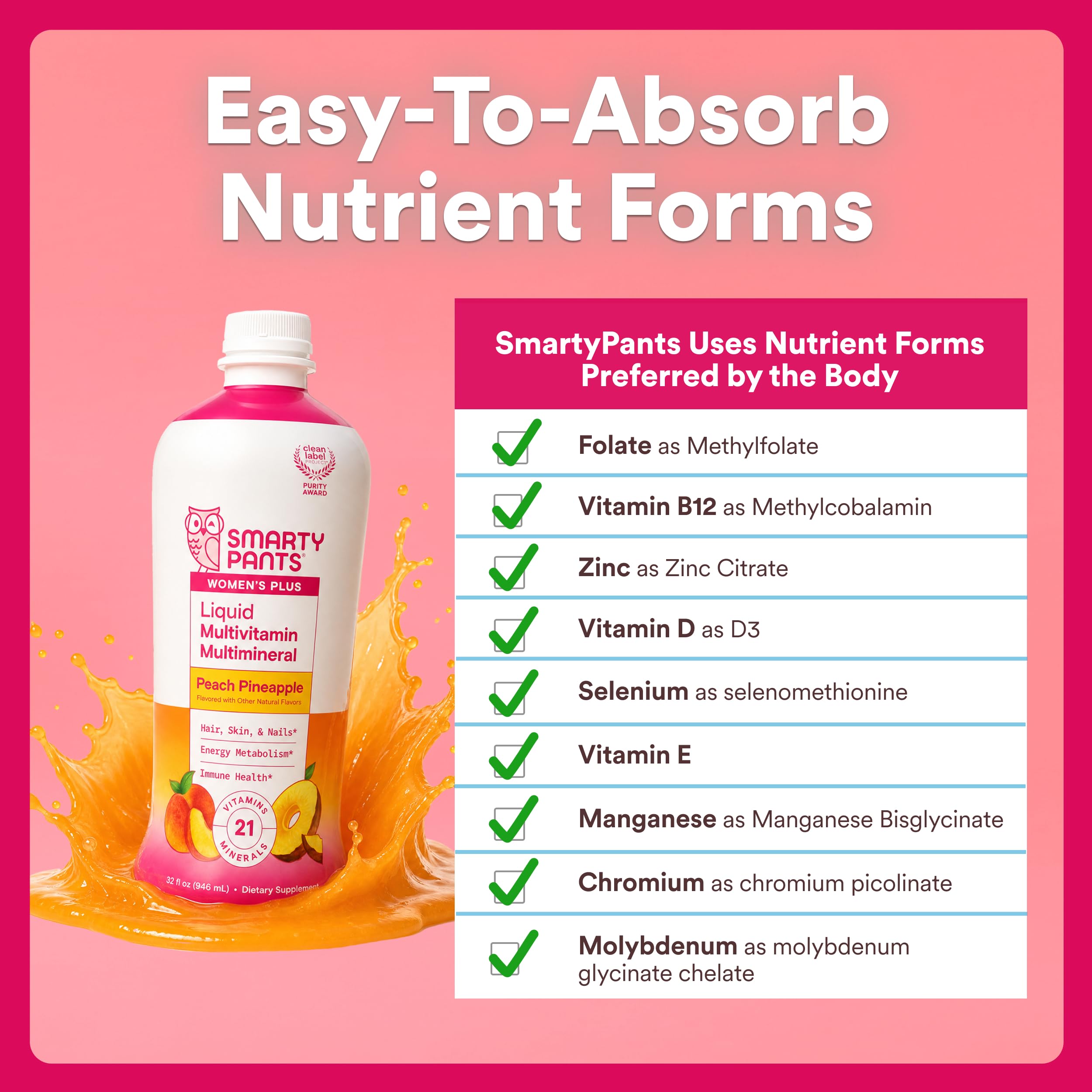 SmartyPants Zero Sugar Liquid Multivitamin Multimineral for Women, Contains Hair, Skin, & Nails Vitamins that Support Immunity, Metabolism, and Bone Health, Peach Pineapple Flavor, 32 Oz (31 Servings)