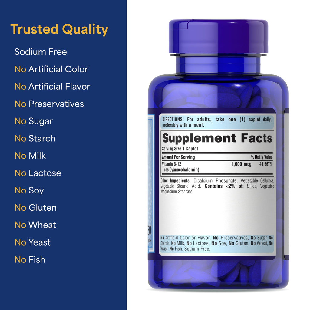Puritan's Pride Timed Release Vitamin B-12 1000mcg,Vegetarian Dietary Supplement for Energy Metabolism,Heart,Circulatory,and Nervous System Health Support,8 Month Supply,250 Caplets,(Pack of 2)