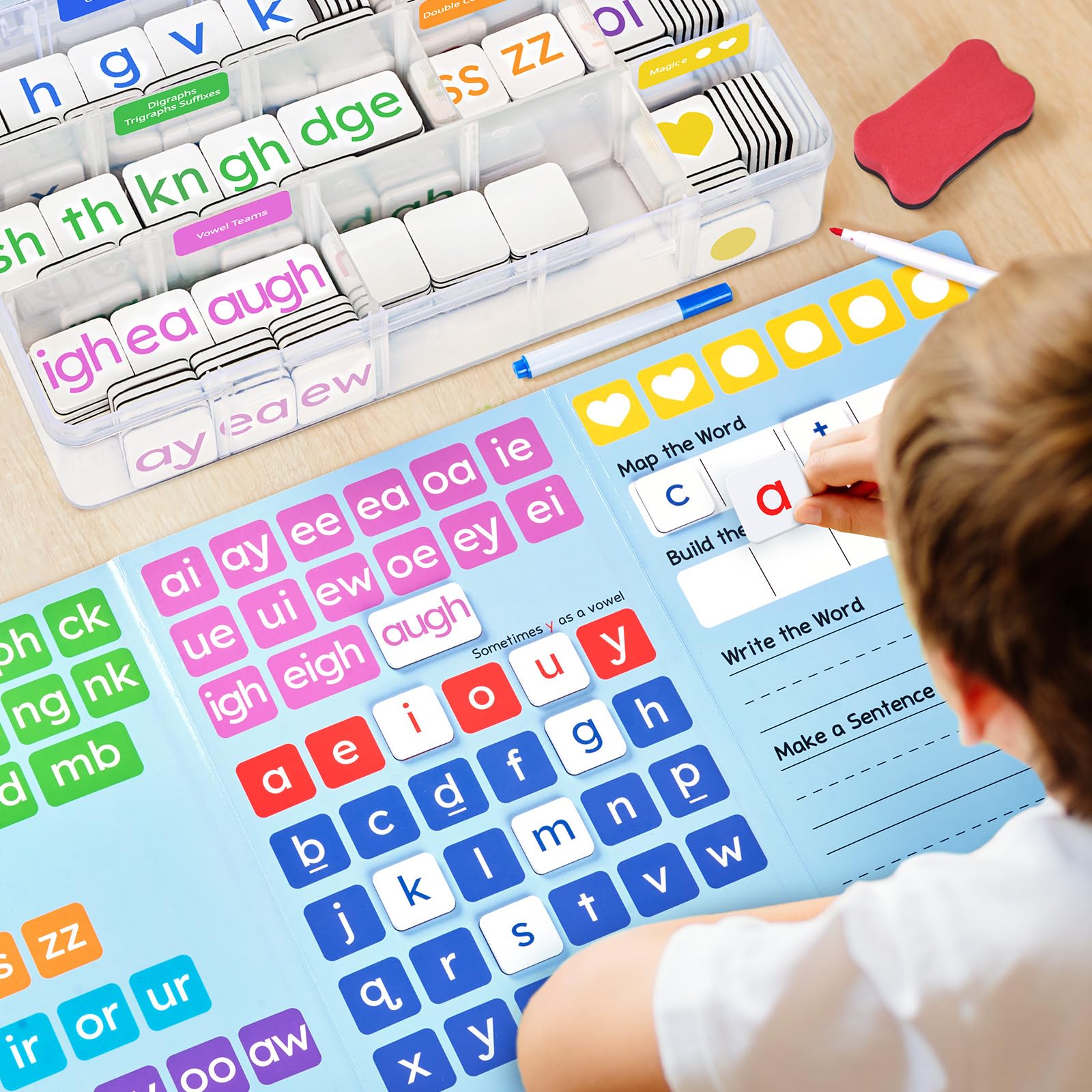 JoyCat 265 Phonics Magnetic Letter Tiles, ABC Word Building Kit with Folder