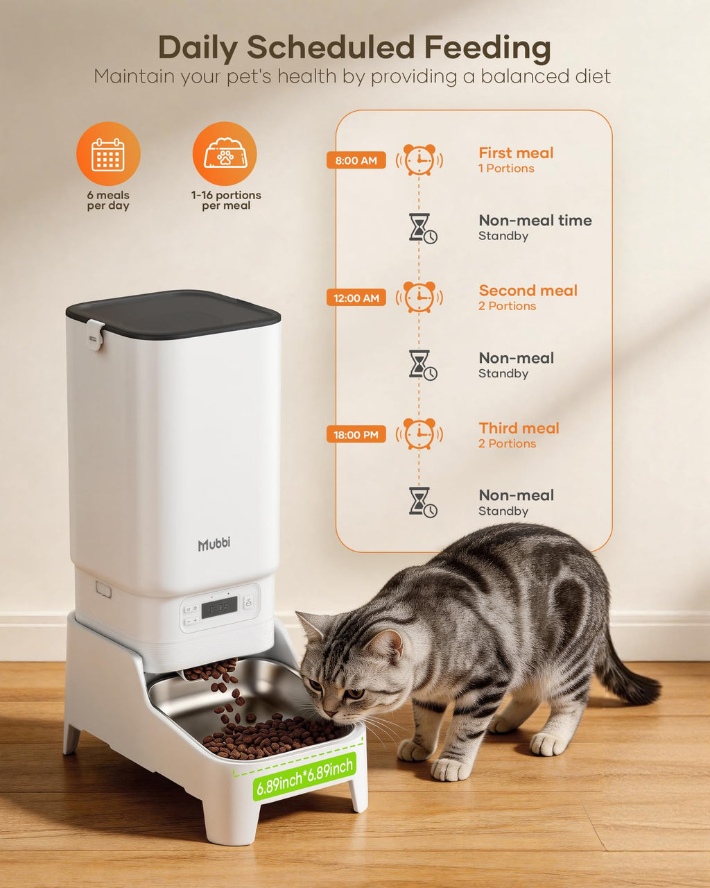 MUBBI Automatic Dog Feeder with Elevated Stand - 7L Cat Food Dispenser with Large Food Tray, Timed Auto Cat Feeder for Dry Food, 6 Meals Per Day, No-Jam, Freshness Design, Detachable for Easy Clean