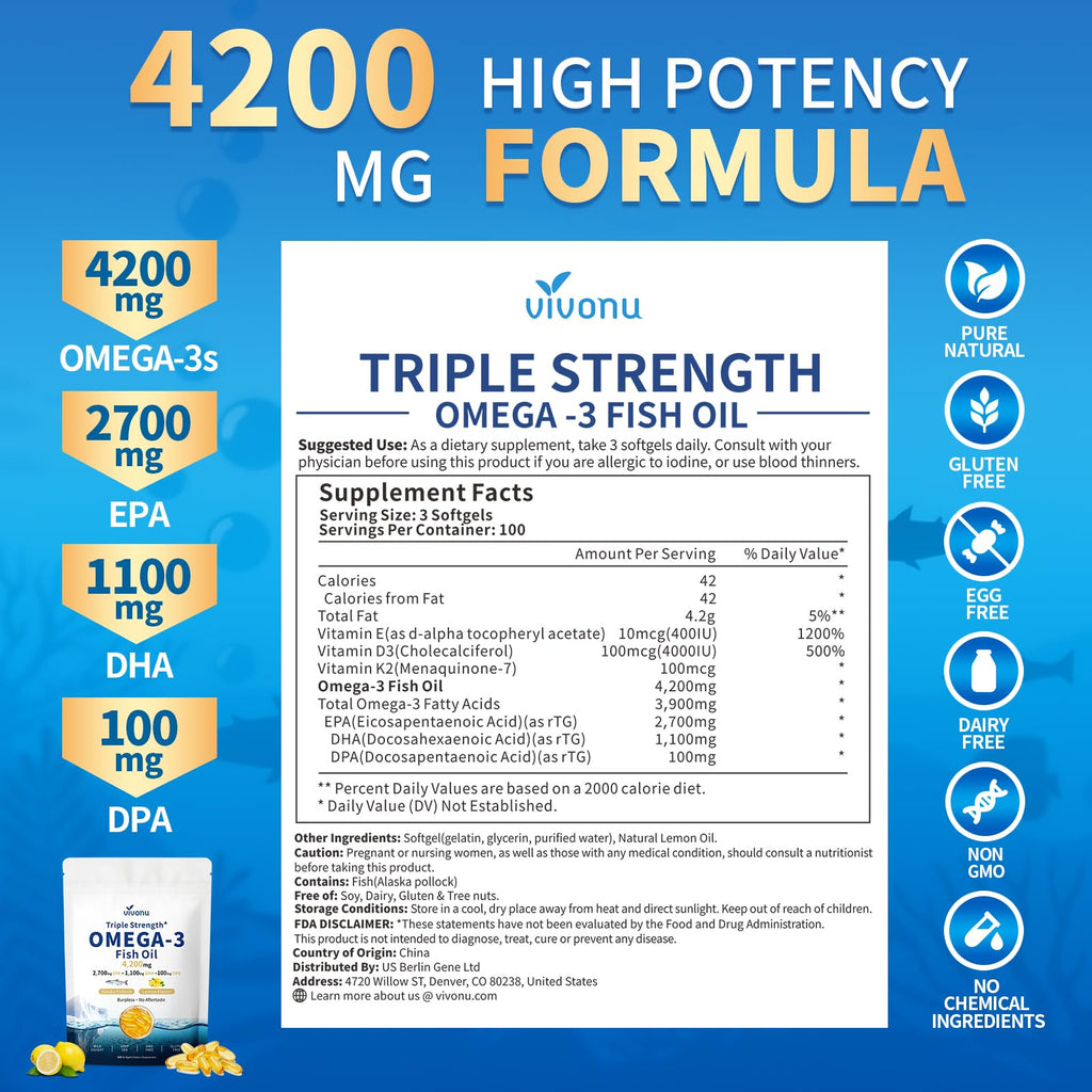 VivoNu Triple Strength Omega 3 Fish Oil - 4200mg, 300 Softgels | Enteric-Coated for No Fishy Aftertaste | Wild-Caught | Third-Party Tested