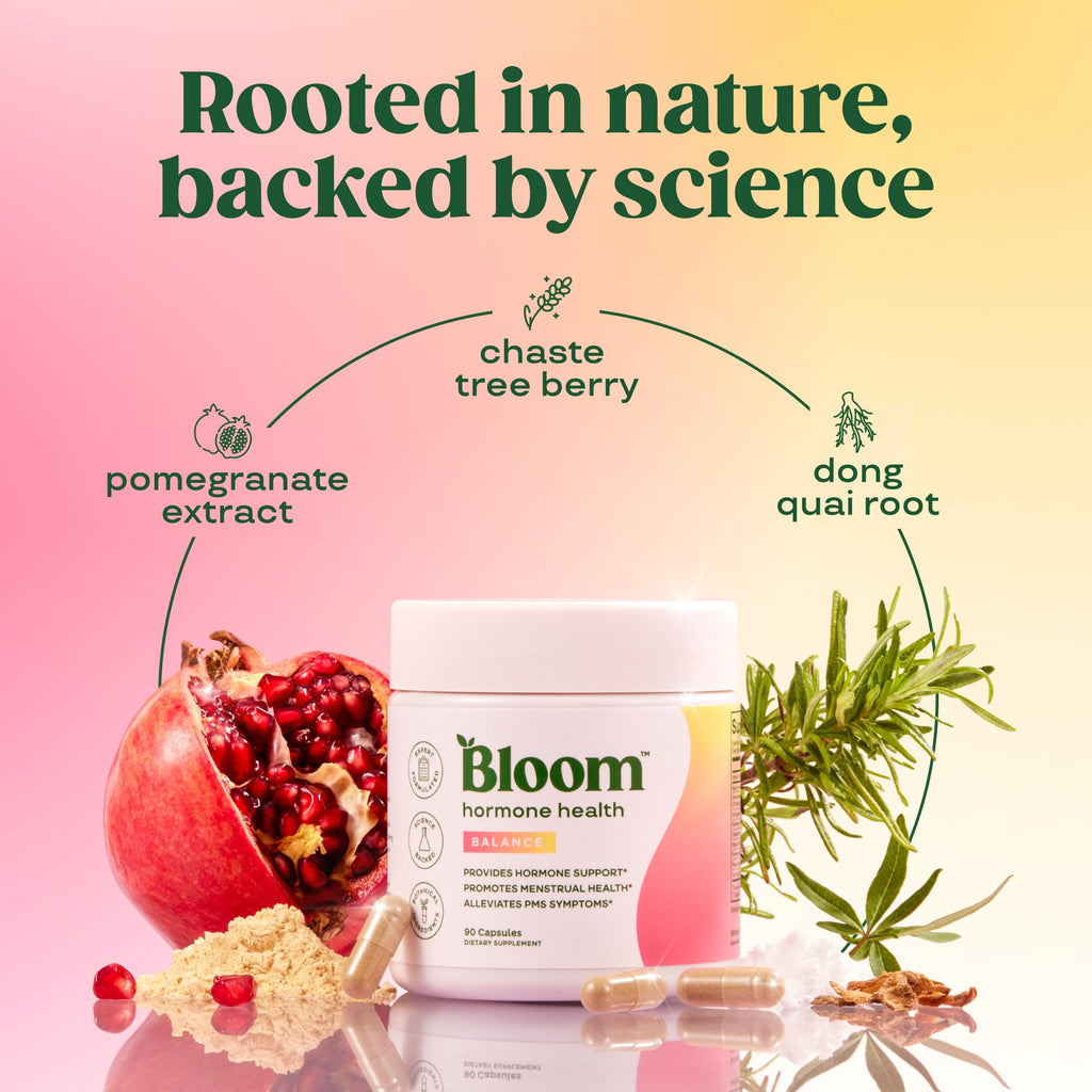 Bloom Nutrition Hormone Health & Cortisol Support for Women - Balance - Menstrual Health, PMS Symptoms, Pomegranate Extract, Chaste Tree Berry & Dong Quai Root, 30 Servings