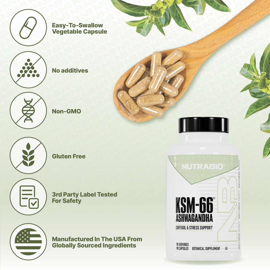 NutraBio Ashwagandha KSM-66 | Ashwaganda Herbal Supplement for Stress, Mood, & Performance | 600 MG of Clinically Studied KSM66 90 Capsules