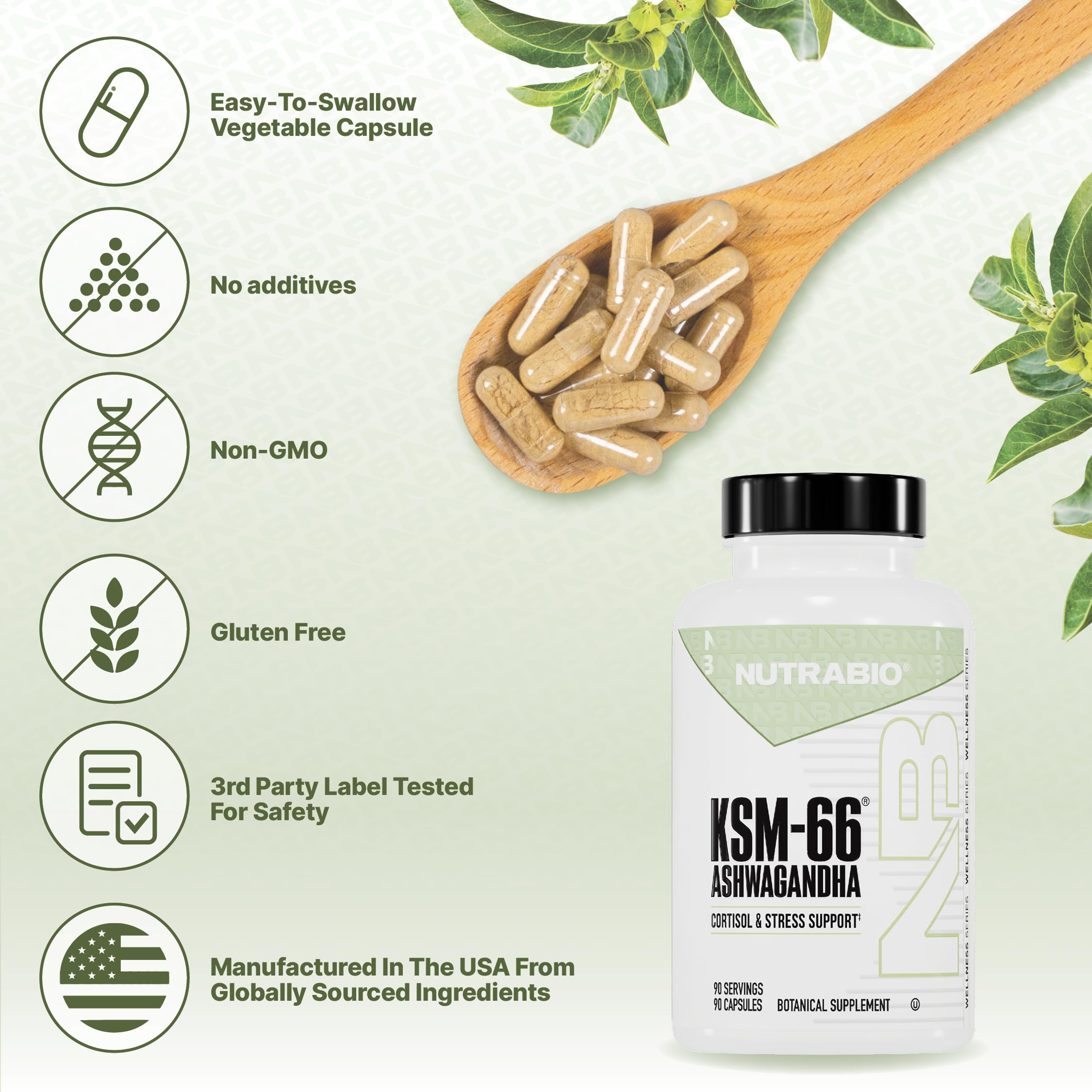 NutraBio Ashwagandha KSM-66 | Ashwaganda Herbal Supplement for Stress, Mood, & Performance | 600 MG of Clinically Studied KSM66 90 Capsules