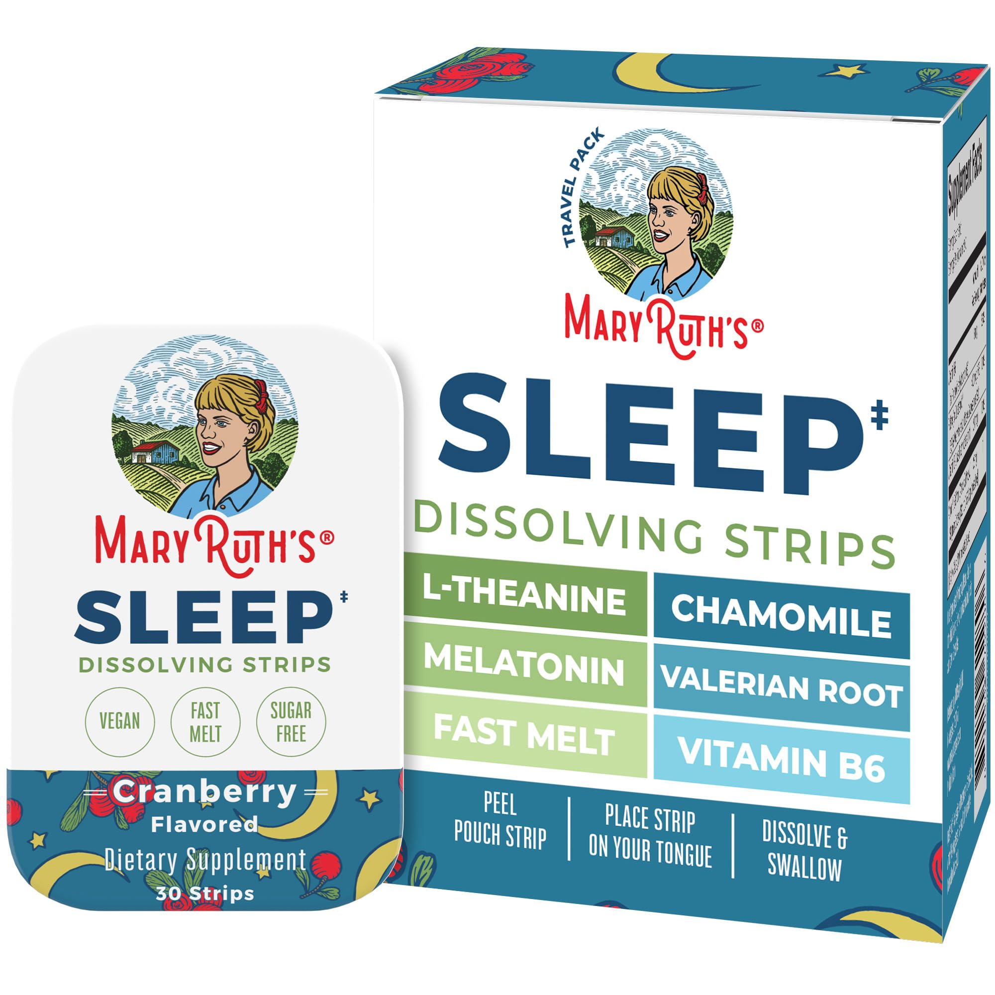 Sleep Dissolving Strips by MaryRuth's | L Theanine | Chamomile Flower | Melatonin 5mg | Valerian Root | Vitamin B6 | Sugar Free | Cranberry Flavor | Vegan | Gluten Free | Dairy Free | 30 Count