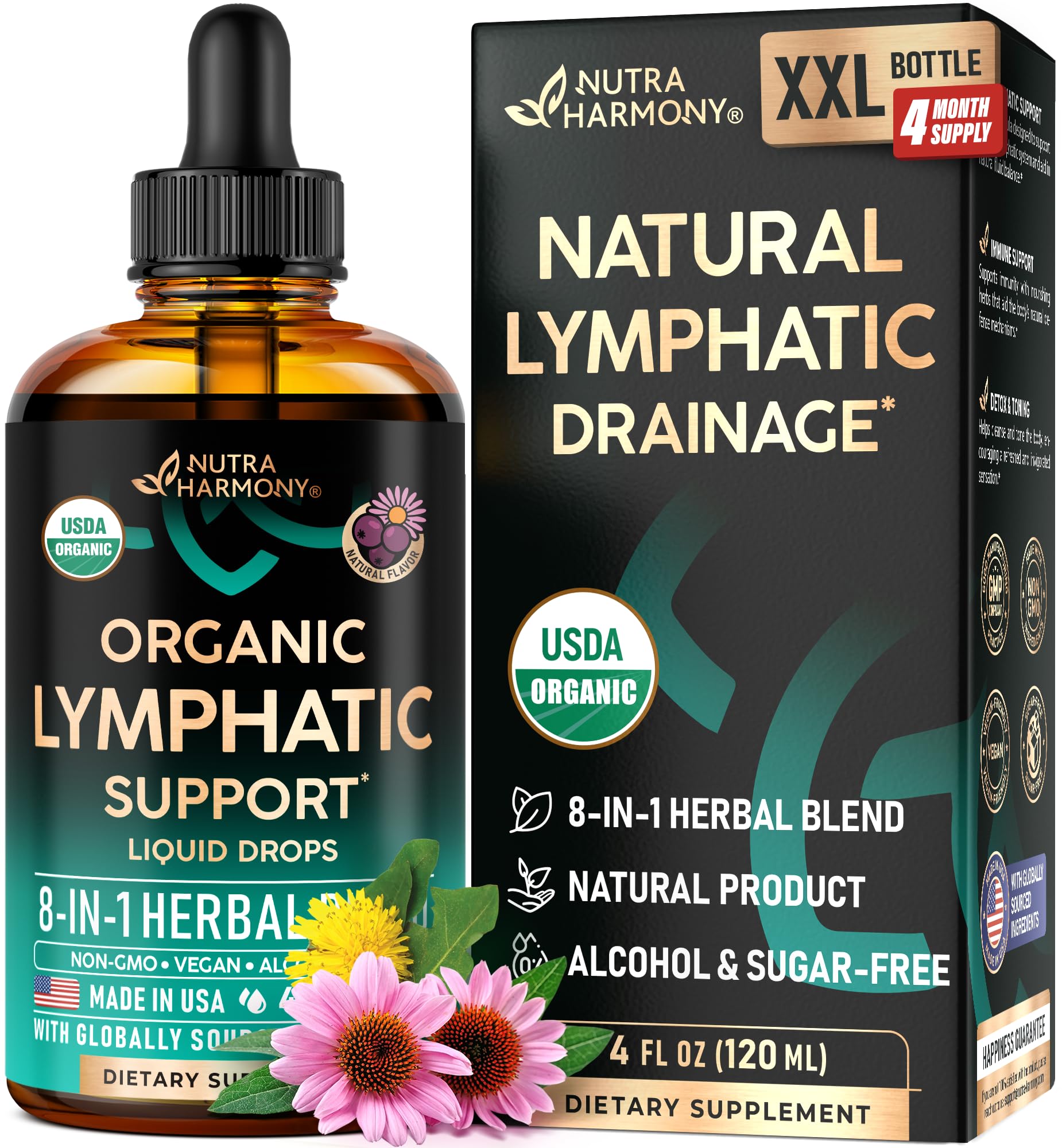 USDA Organic Lymphatic Drainage Supplement - Echinacea | Elderberry | Dandelion | Rosehip | Cleavers | Calendula | Burdock - Lab Tested - Lymph System Drops - Immune Support, Cleanse & Detox, 4 fl oz