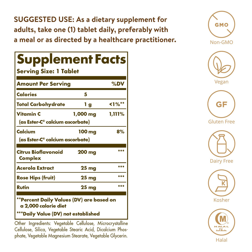 Solgar Ester-C Plus 1000 mg Vitamin C (Ascorbate Complex), 60 Tablets - Gentle On The Stomach & Non Acidic - Antioxidant & Immune System Support - Non GMO, Vegan, Gluten-Free, Kosher - 60 Servings