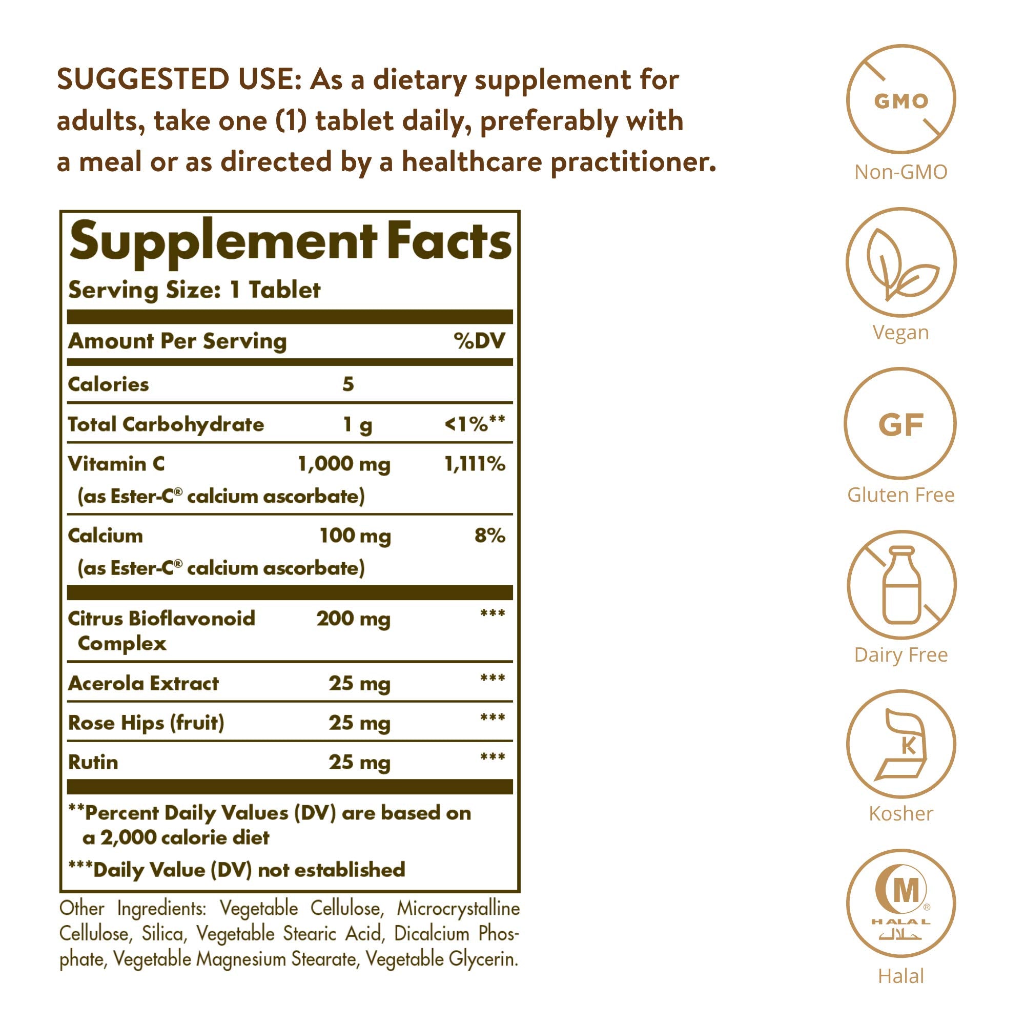 Solgar Ester-C Plus 1000 mg Vitamin C (Ascorbate Complex), 60 Tablets - Gentle On The Stomach & Non Acidic - Antioxidant & Immune System Support - Non GMO, Vegan, Gluten-Free, Kosher - 60 Servings