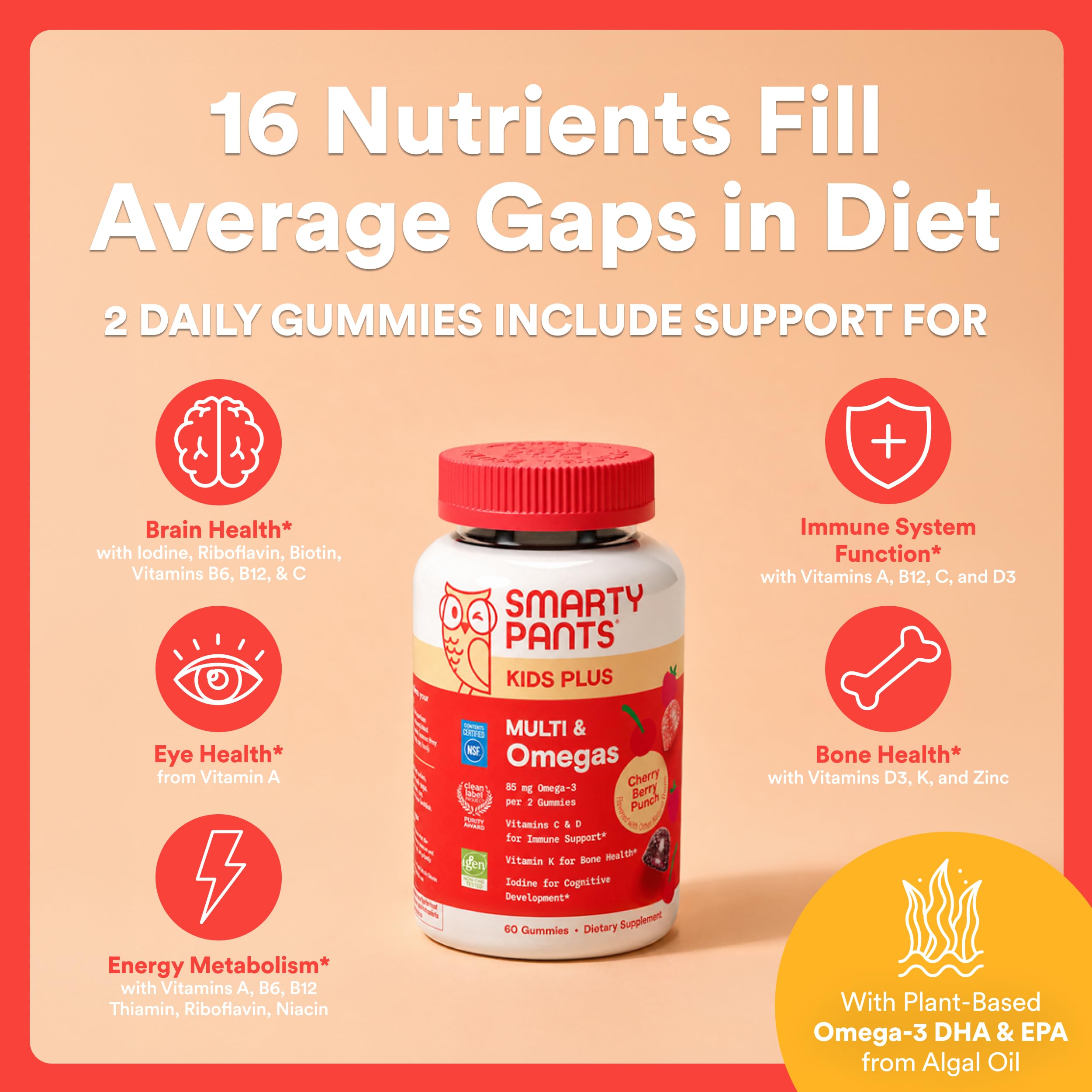 SmartyPants Kids Multivitamin Gummies with Omega 3 DHA/EPA, Vitamins D3, C, B12, B6, A, K, and Zinc, Gluten Free, Clean Label, Cherry Berry Flavor, 60 Gummies (30 Day Supply)