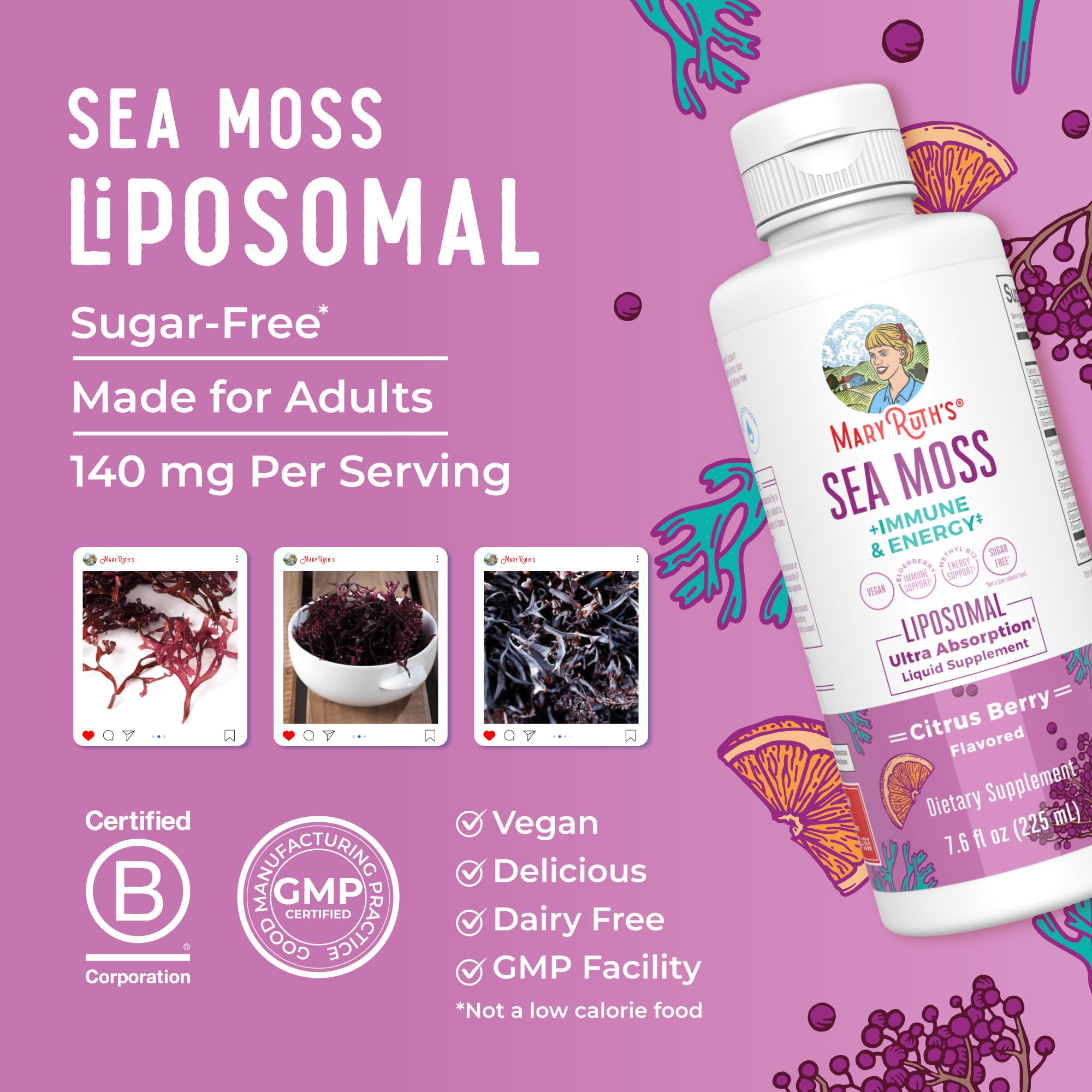 MARYRUTH'S Sea Moss + Immune & Energy Liposomal 140mg Irish Sea, 7.6 oz