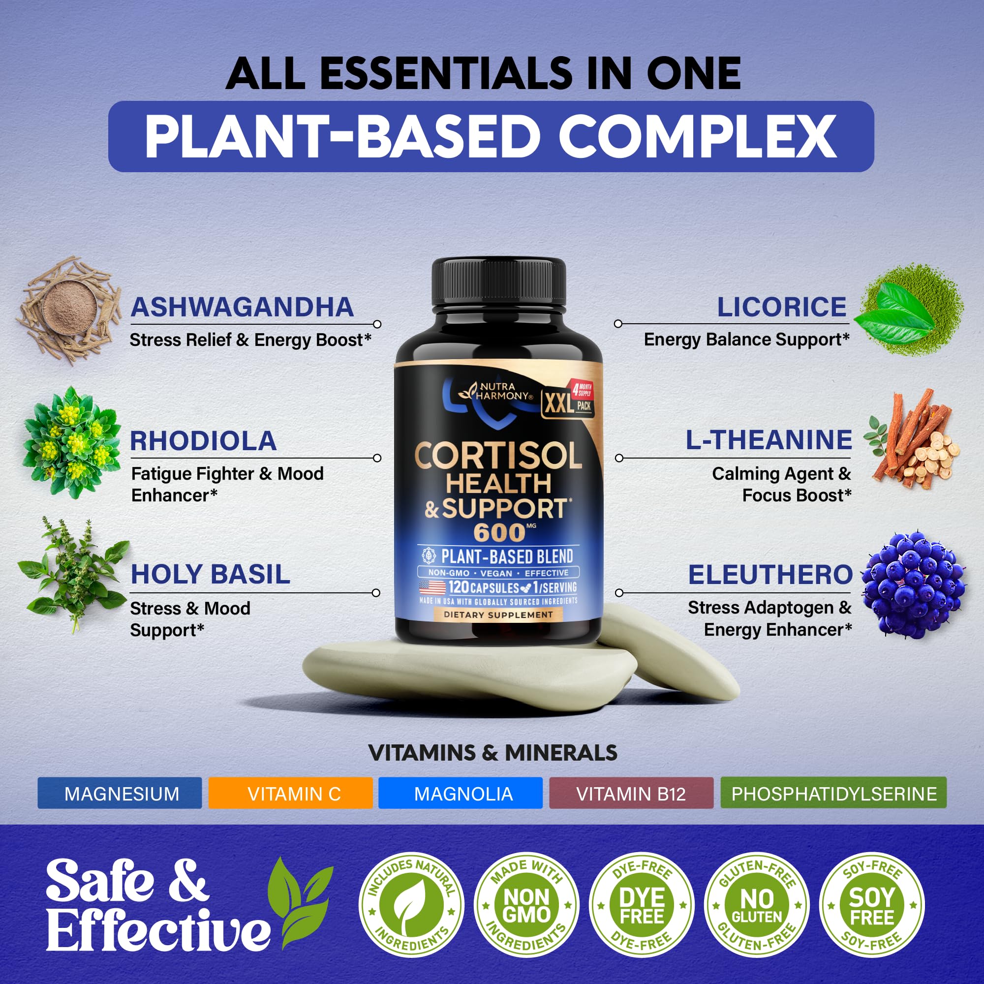Cortisol Supplement for Women - Holy Basil | Ashwagandha | Rhodiola | L-Theanine - Plant-Based Hormone Balance - Mood, Focus & Sleep Support - Lab Tested - Vegan, Non-GMO - 120 Capsules for 4 Months