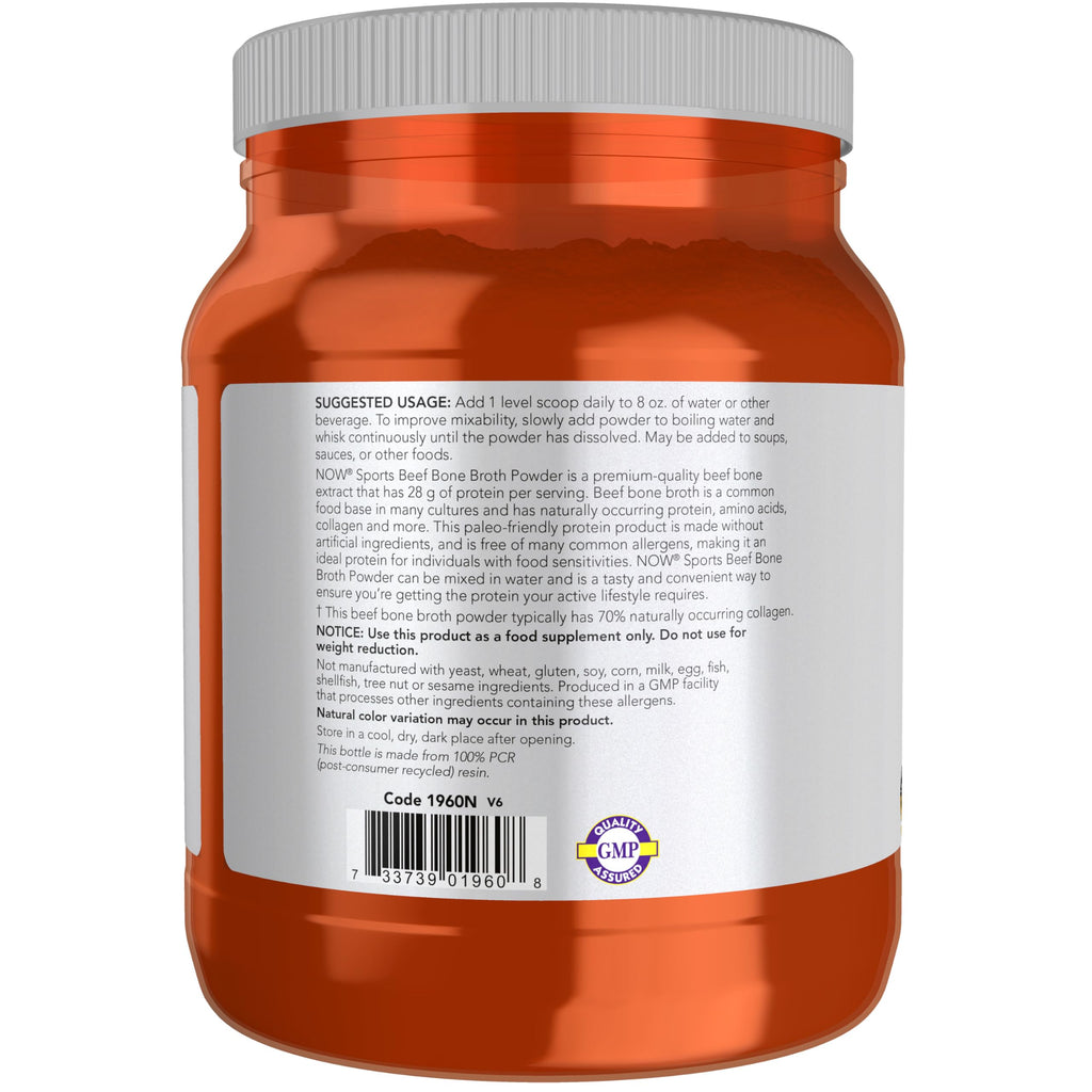 NOW Sports, Beef Bone Broth Powder, Naturally Occurring Collagen, 1.2 lbs