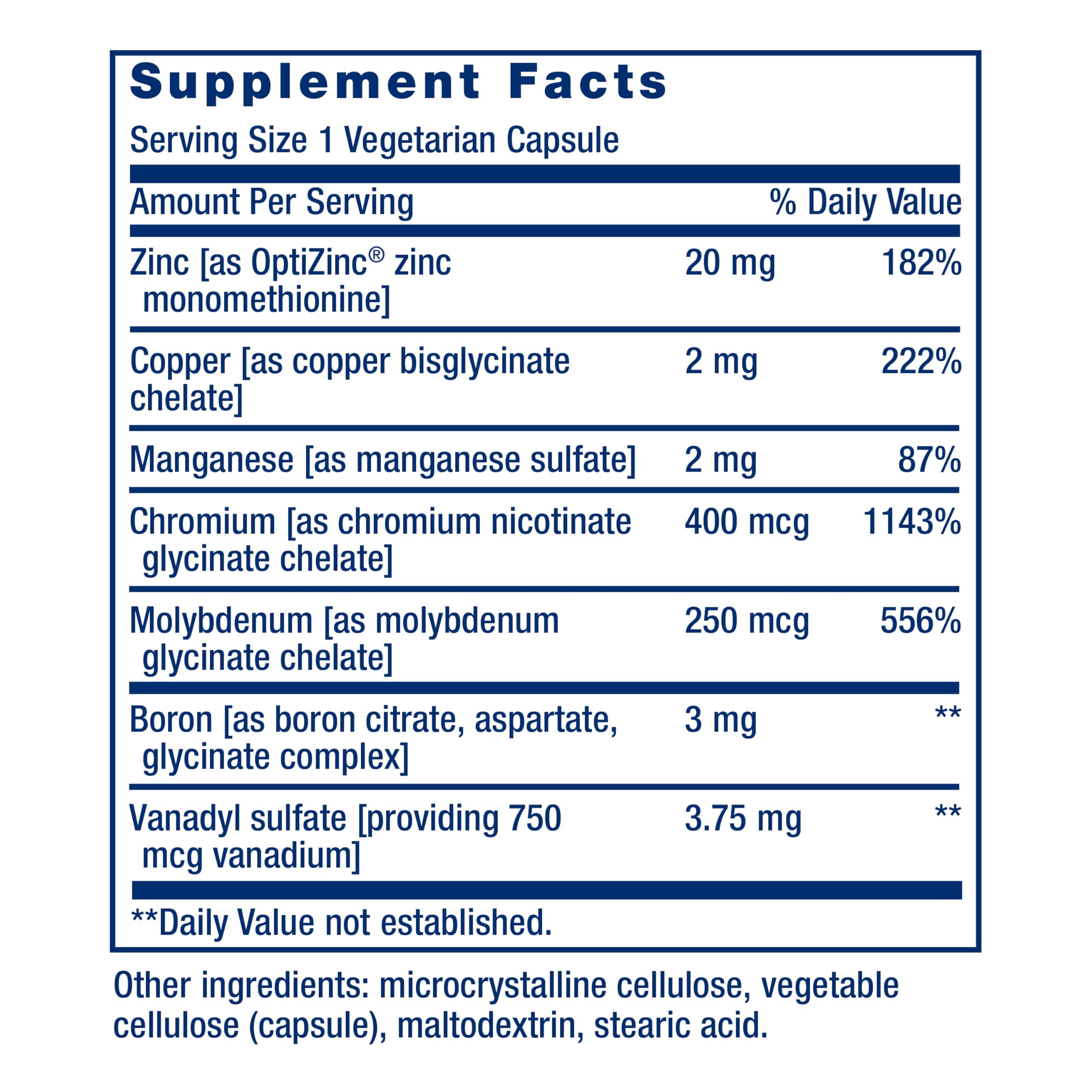 Life Extension Only Trace Minerals, a Daily dose of zinc, Chromium, Boron, Copper, Manganese, Vanadyl sulfate, Gluten-Free, Non-GMO, Vegetarian, 90 Capsules, (Pack of 2)