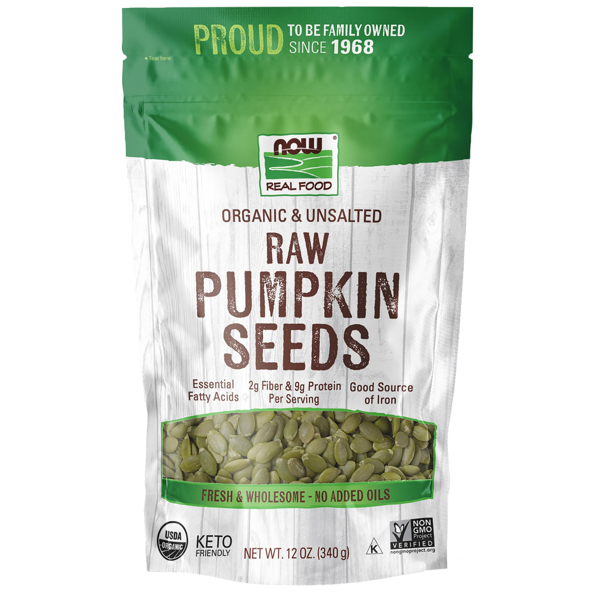 NOW Foods, Organic Pumpkin Seeds, Raw and Unsalted, Excellent Source of Protein and Iron, Certified Non-GMO, Keto-Friendly Snack, 12-Ounce (Packaging May Vary)
