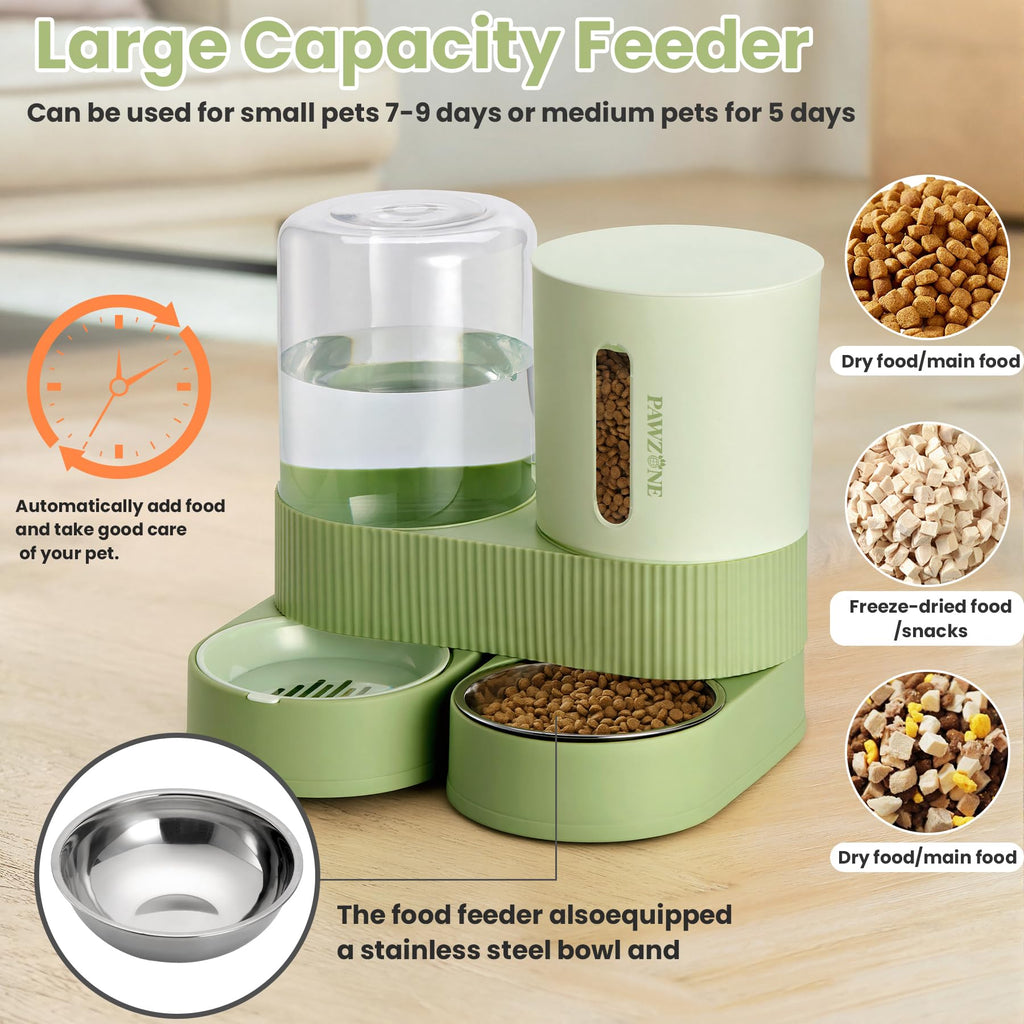 Automatic Cat Feeder Stainless Steel Water Dispenser Gravity Food Feeder and Waterer Set with Pet Food Bowl for Small Medium Kitten Puppy Pets Large Capacity(Green)