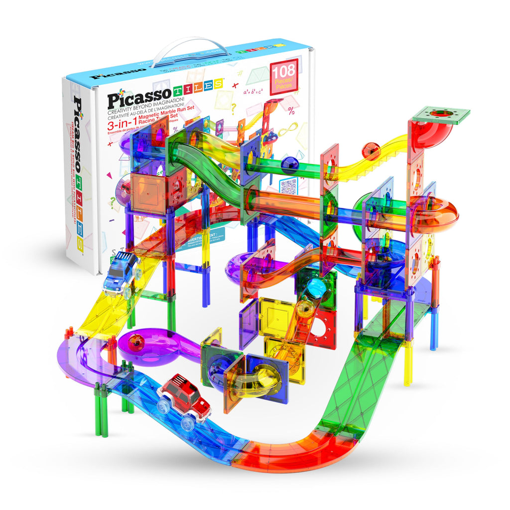PicassoTiles 108 Piece Marble Run Race Track Set with LED Cars STEM Ages 3+