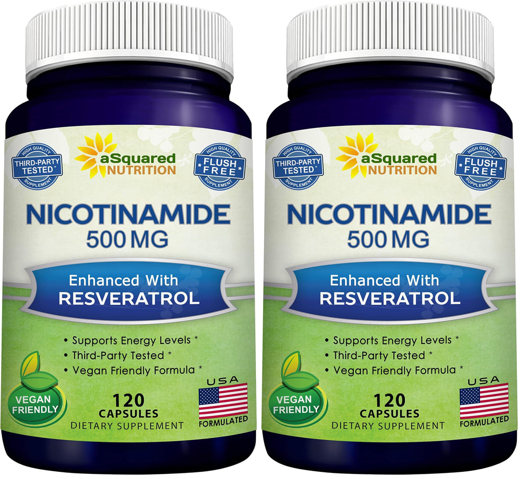 aSquared Nutrition Nicotinamide with Resveratrol - 120 Veggie Capsules - Vitamin B3 500mg (Niacinamide Flush Free) - Supplement Pills to Support NAD, Skin Cell Health & Energy (Pack of 2)