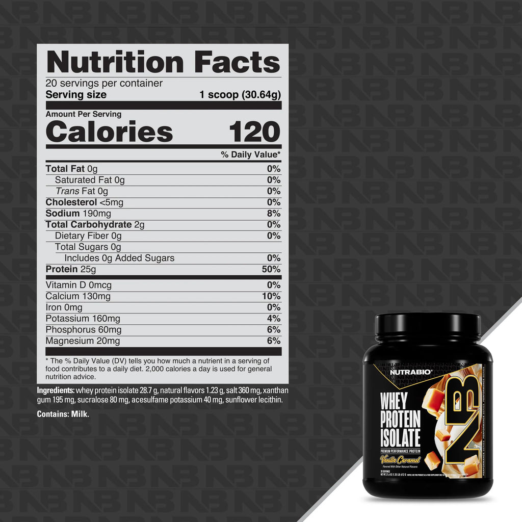 NutraBio 100% Whey Protein Isolate Protein Powder, 25g Protein with Complete Amino Acid Profile, Non-GMO, Soy & Gluten Free, Low Carb, Low Calorie Whey Protein Powder, Vanilla Caramel, 20 Servings
