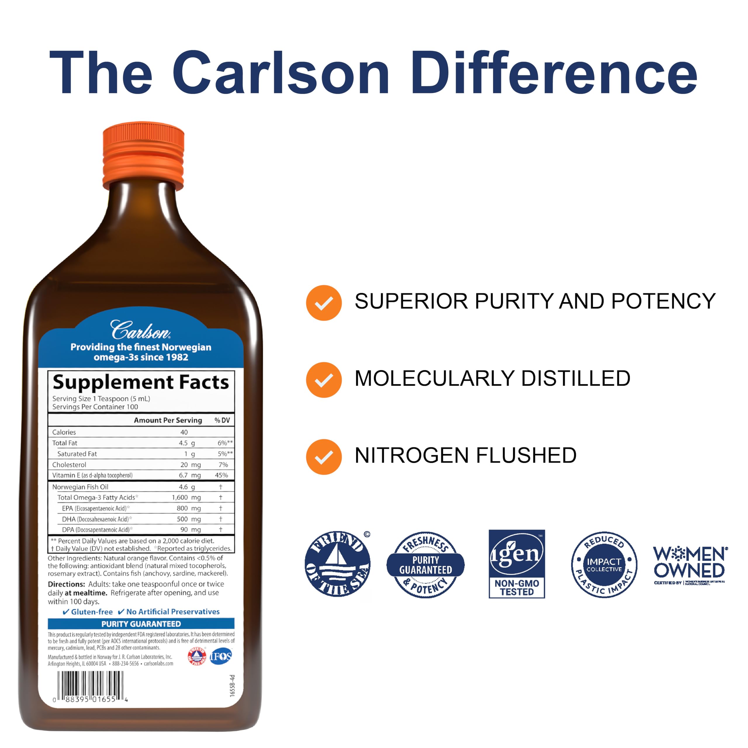 Carlson - The Very Finest Fish Oil, 1600 mg Omega-3s, Liquid Fish Oil Supplement, Norwegian Fish Oil, Wild-Caught, Sustainably Sourced Fish Oil Liquid, Orange, 16.9 Fl Oz