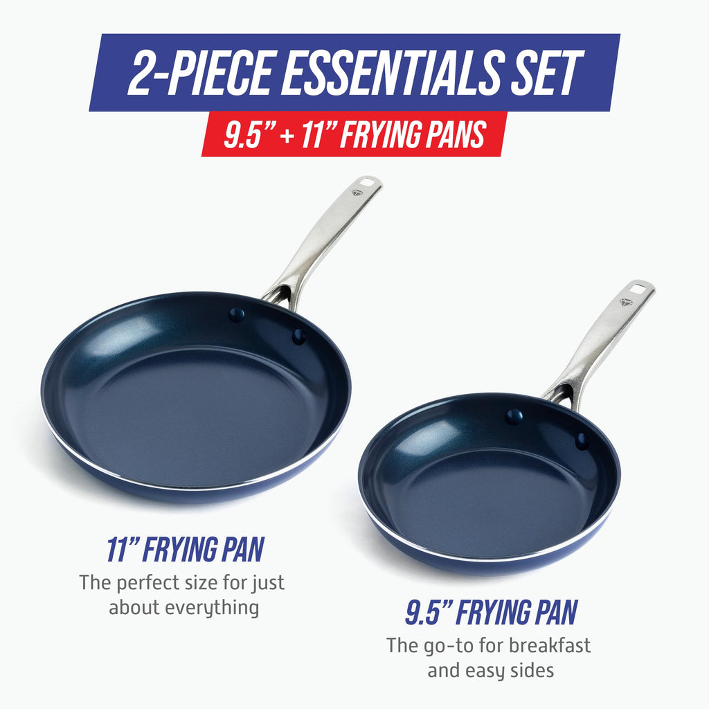 Blue Diamond 2 Piece Nonstick Frying Pan Set, 9.5” & 11" Skillets, PFAS-Free Ceramic, Dishwasher & Oven Safe, Stainless Steel Handle, Durable Metal Utensil Safe, Egg & Omelet Pans, Blue