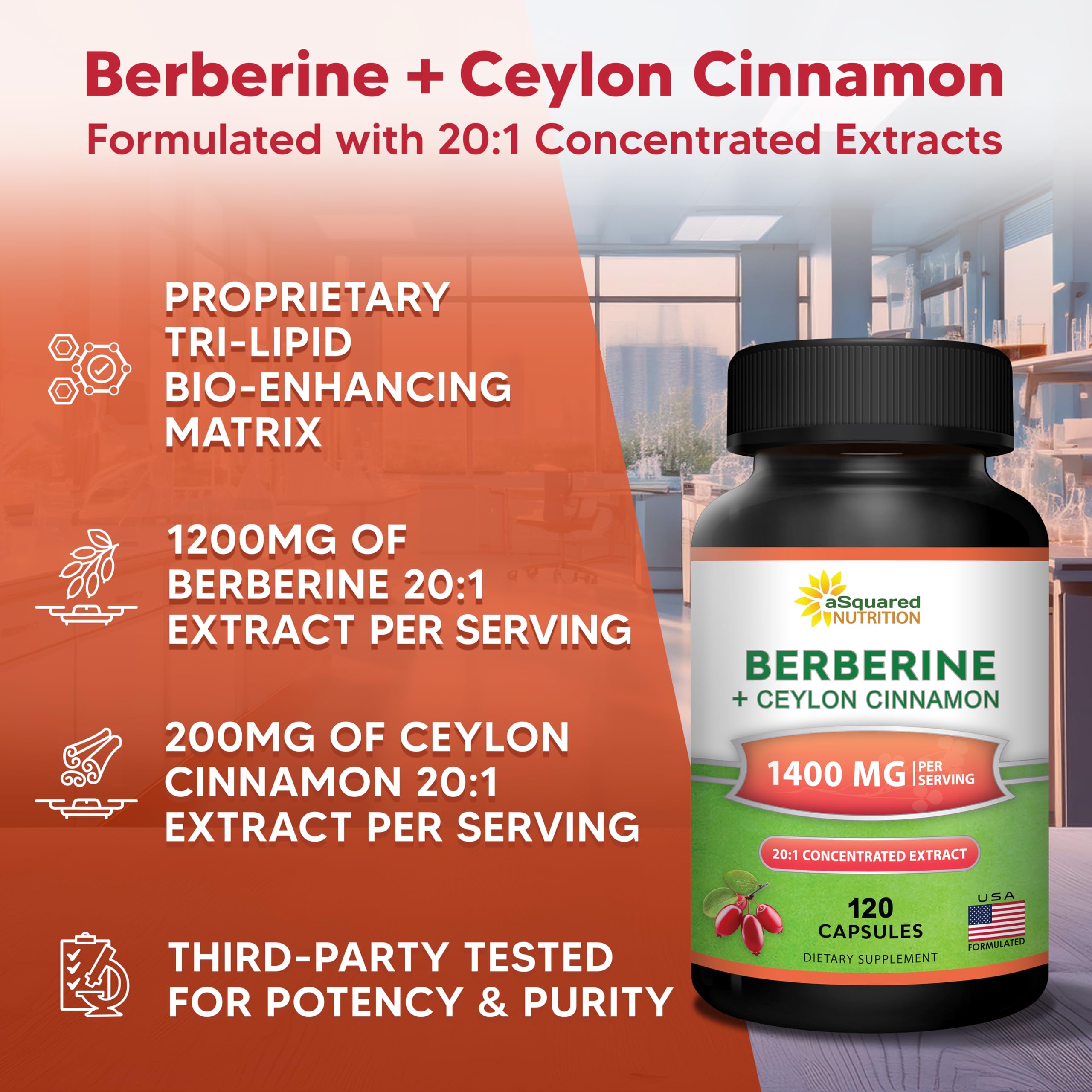 aSquared Nutrition Berberine with Ceylon Cinnamon Supplement - Max Strength Complex - 120 Capsules - Berberine HCl 1200mg Per Serving - Extract Plus Pills Alternative to Gummies & Drops (Pack of 2)