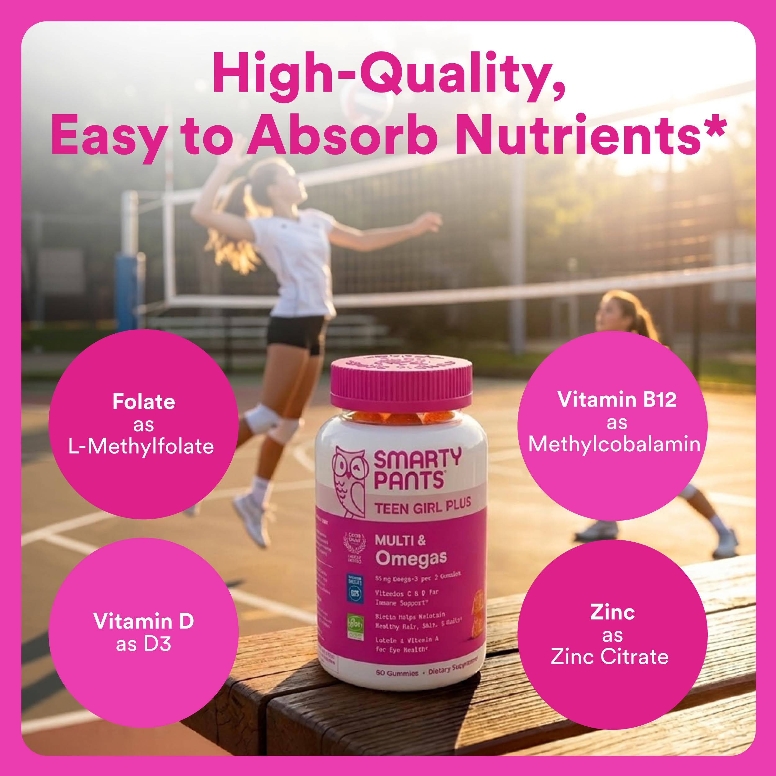 SmartyPants Teen Girl Multivitamin Gummies, Omega 3 (DHA/EPA), Vitamin C, D3, B12, Vitamin A, K & Zinc, Biotin to Support Hair, Skin & Nails, Gluten Free, 60 Count (30 Day Supply)