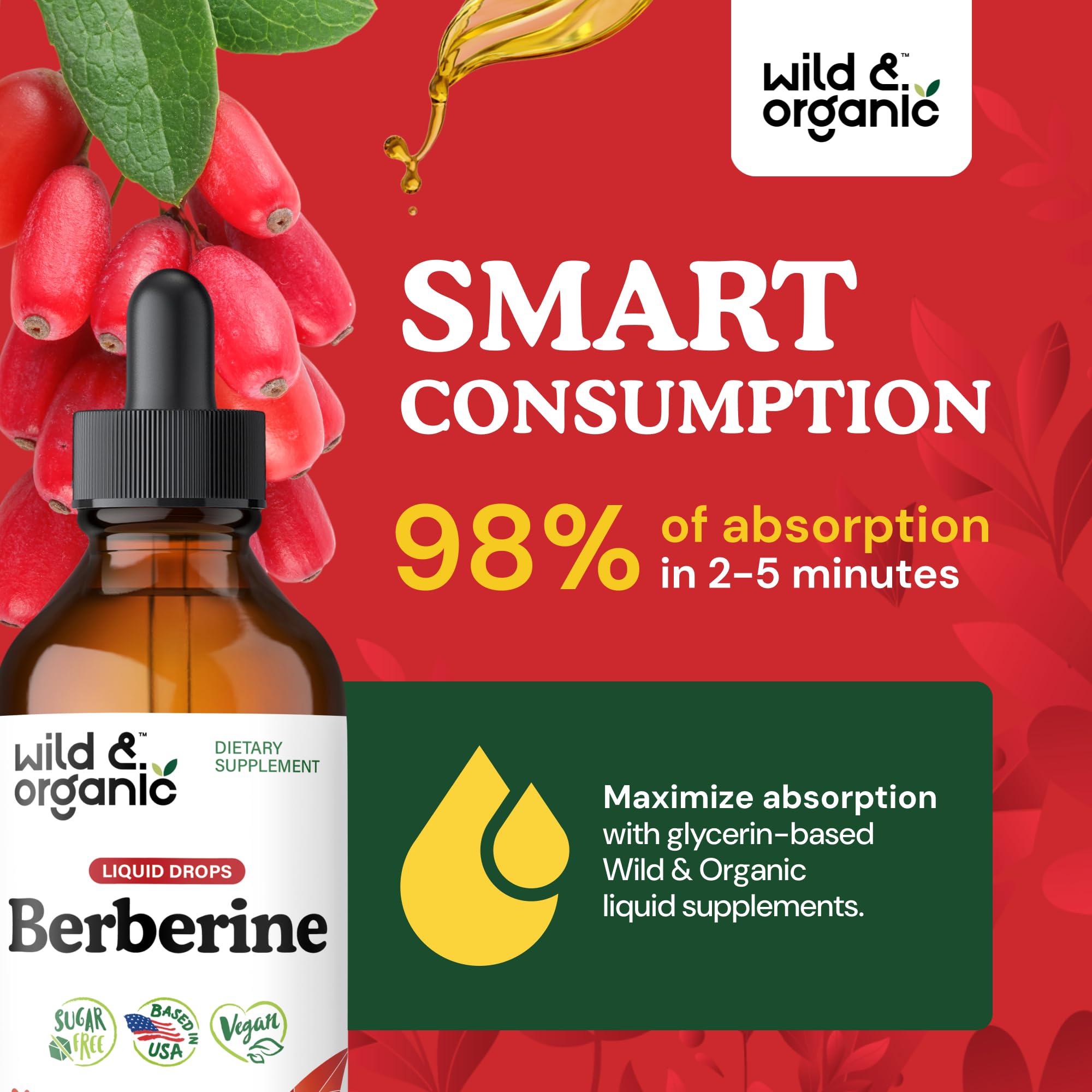 Wild & Organic Berberine Drops HCL 500mg - Antioxidant Support - 4 fl oz