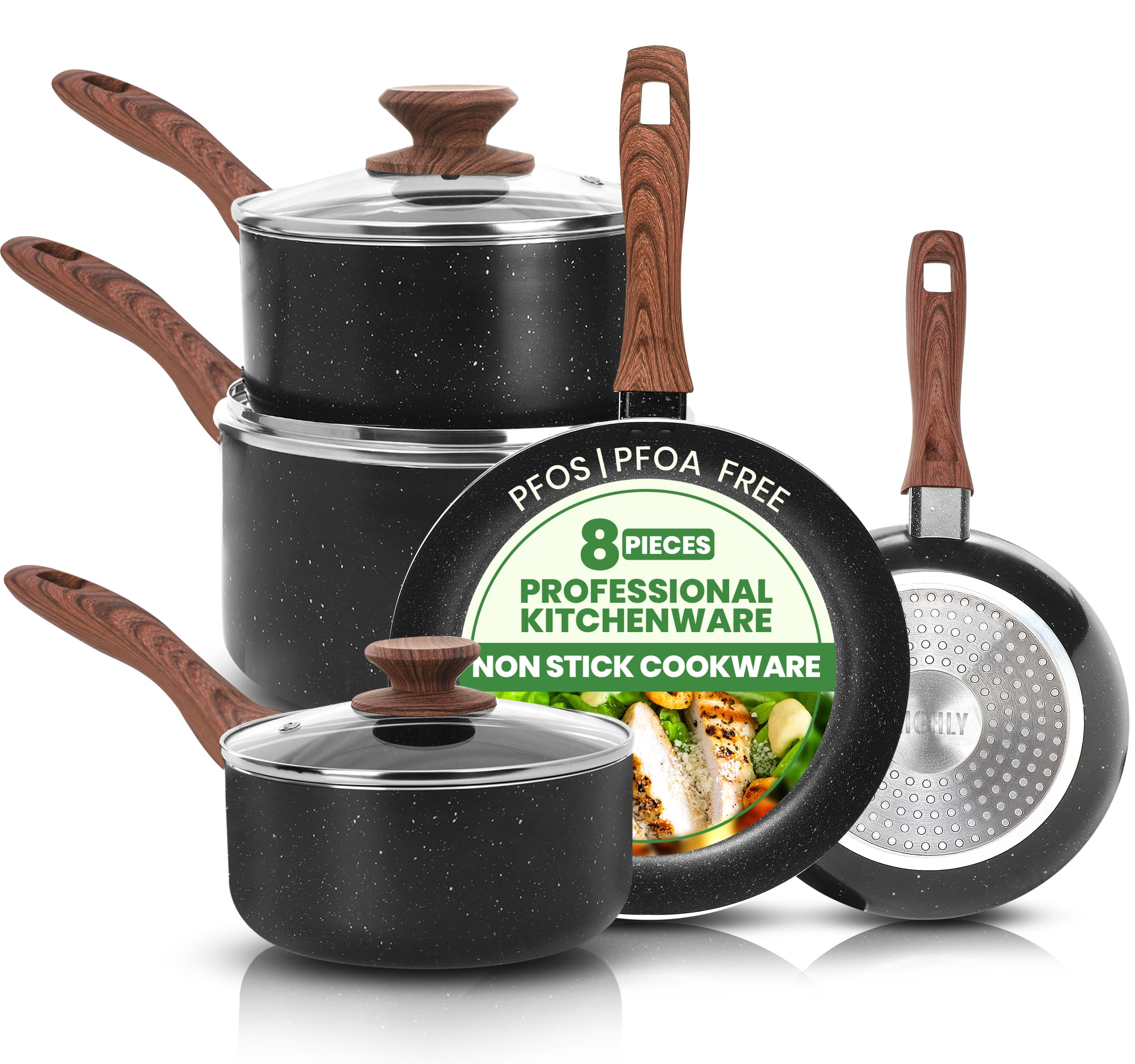 KICHLY Granite Pots and Pans Cookware Set 8 Piece PFOA-Free