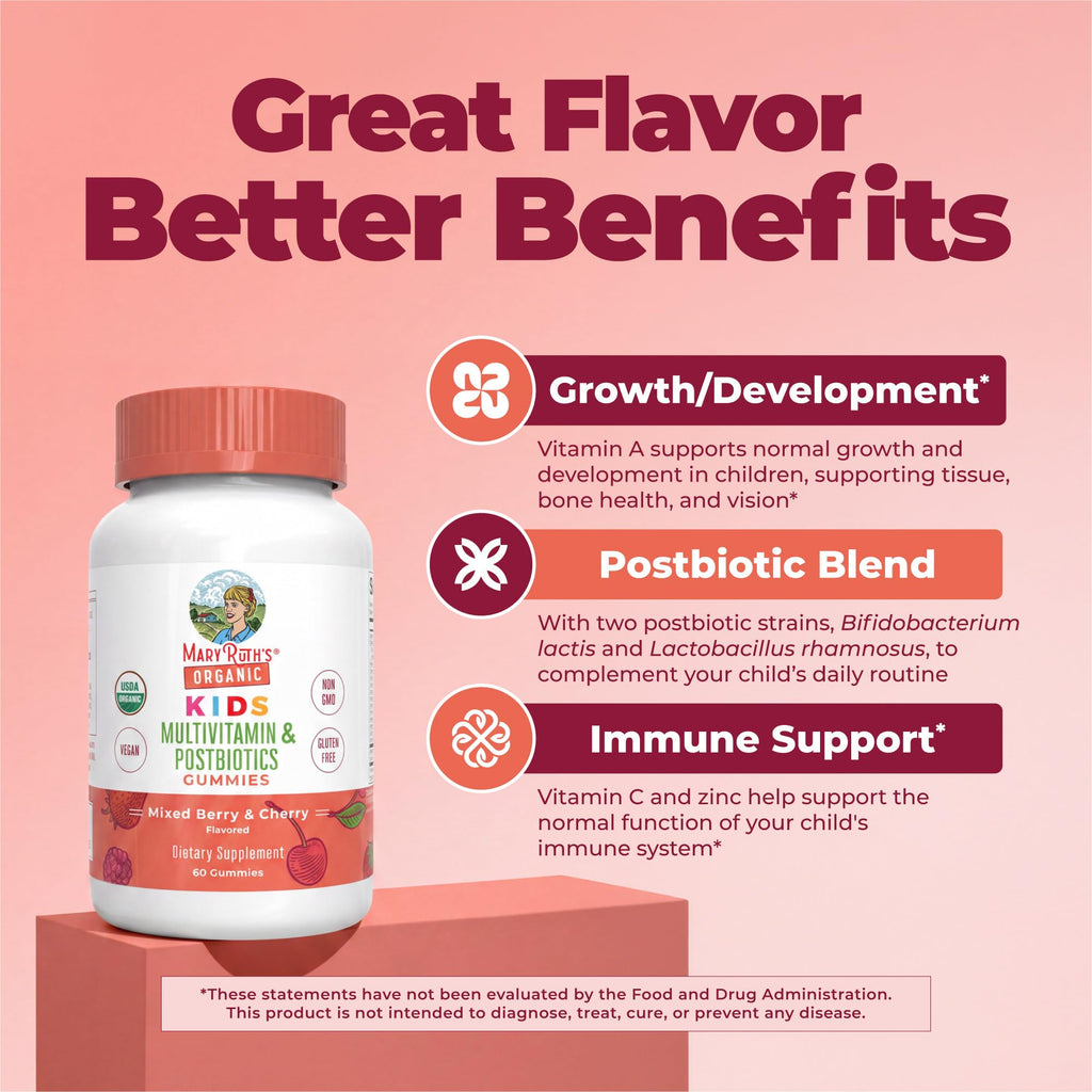 MARYRUTH'S USDA Organic Kids Multivitamin + Postbiotics Gummies, 60 Count