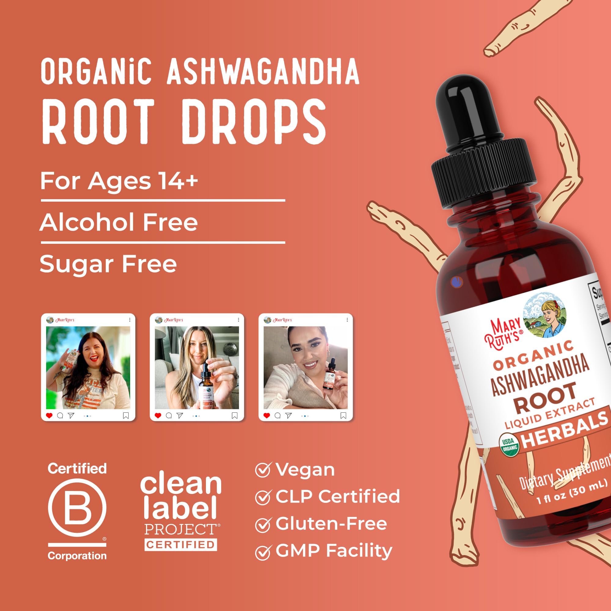 MARYRUTH'S Ashwagandha Root Liquid Drops, Mood & Stress Support Supplement