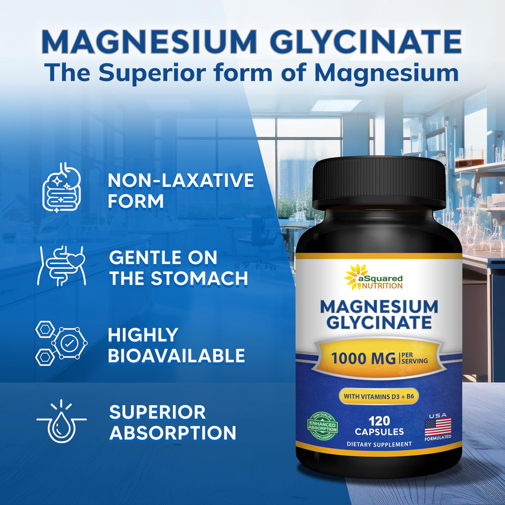 Magnesium Glycinate 1000mg with Vitamin D3 & B6-500mg per Capsule - Pure Elemental Mag Supplement Complex for Sleep, Muscle, Bone Health - Replace Gummies, Tablets & Powder - 120 Capsules