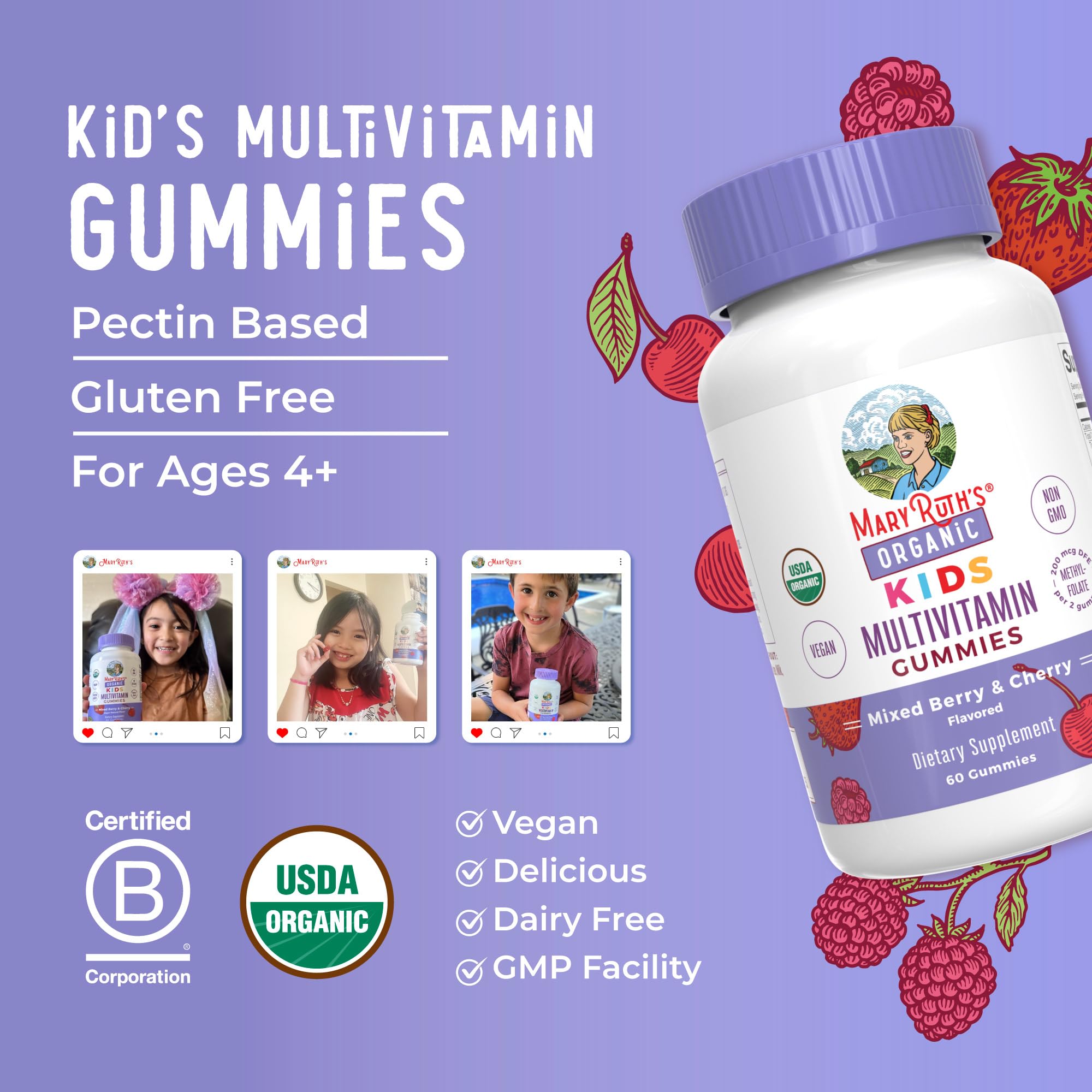 MARYRUTH'S USDA Organic Multivitamin Gummies, Ages 4+, Kids Vitamins, 60ct