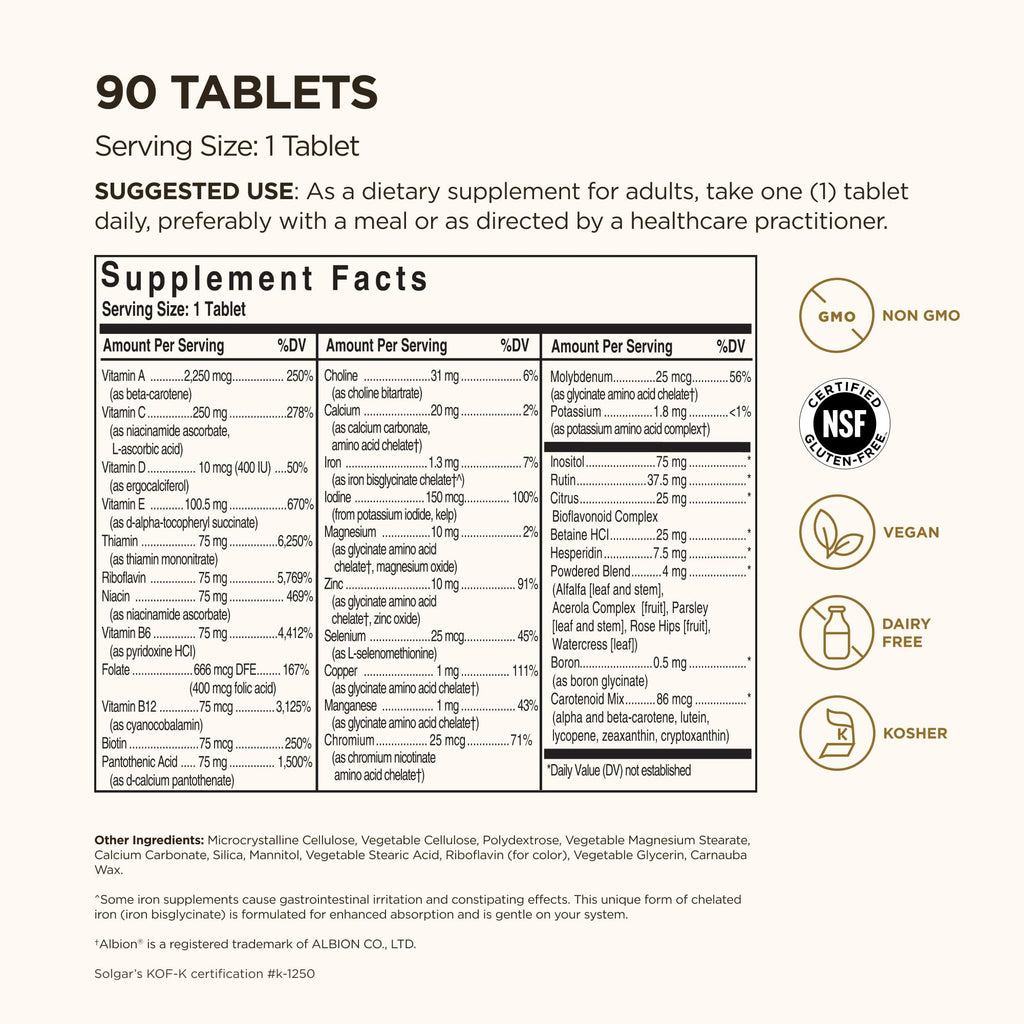 Solgar Formula VM-75, 90 Tablets - Multivitamin with Chelated Minerals - Vitamin A, B6, B12, C, D, E - Biotin, Magnesium, Calcium, Iron, Zinc - Vegan, Gluten Free, Dairy Free, Kosher - 90 Servings