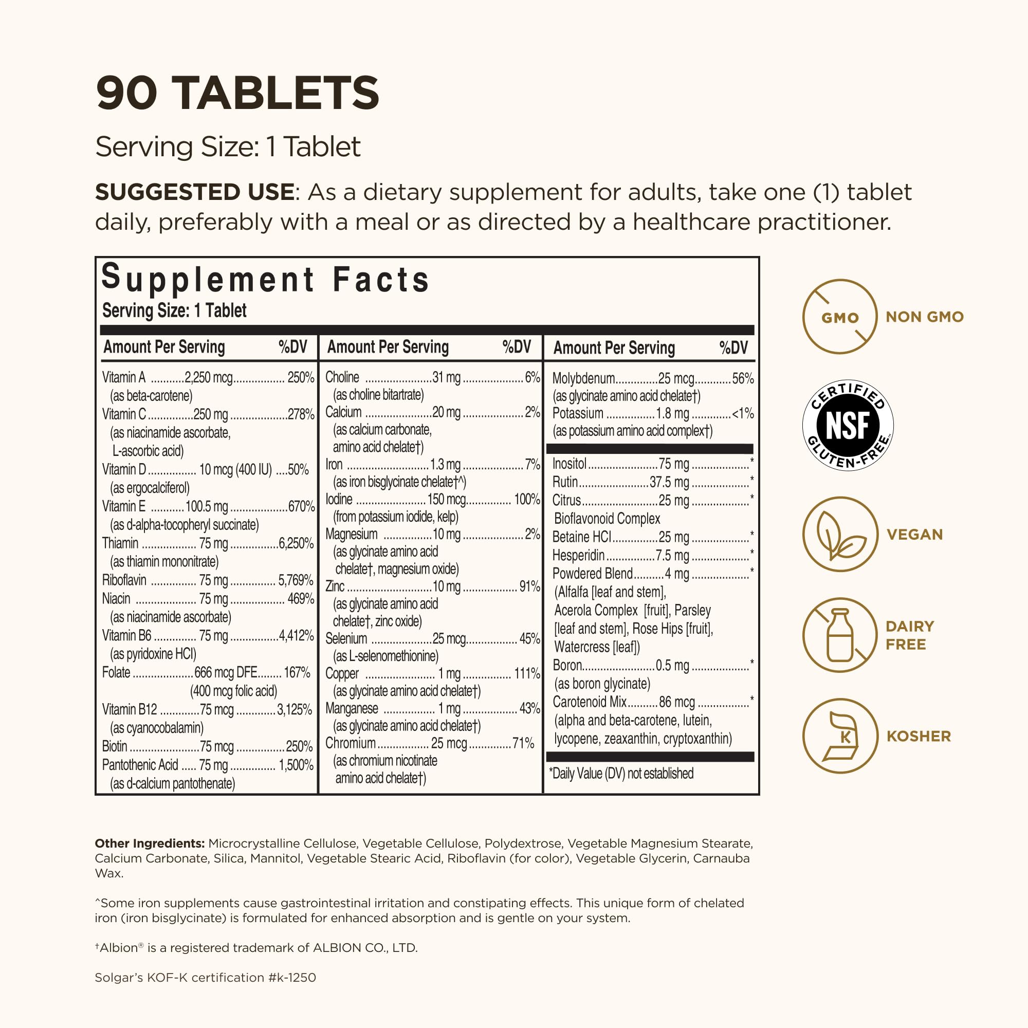 Solgar Formula VM-75, 90 Tablets - Multivitamin with Chelated Minerals - Vitamin A, B6, B12, C, D, E - Biotin, Magnesium, Calcium, Iron, Zinc - Vegan, Gluten Free, Dairy Free, Kosher - 90 Servings