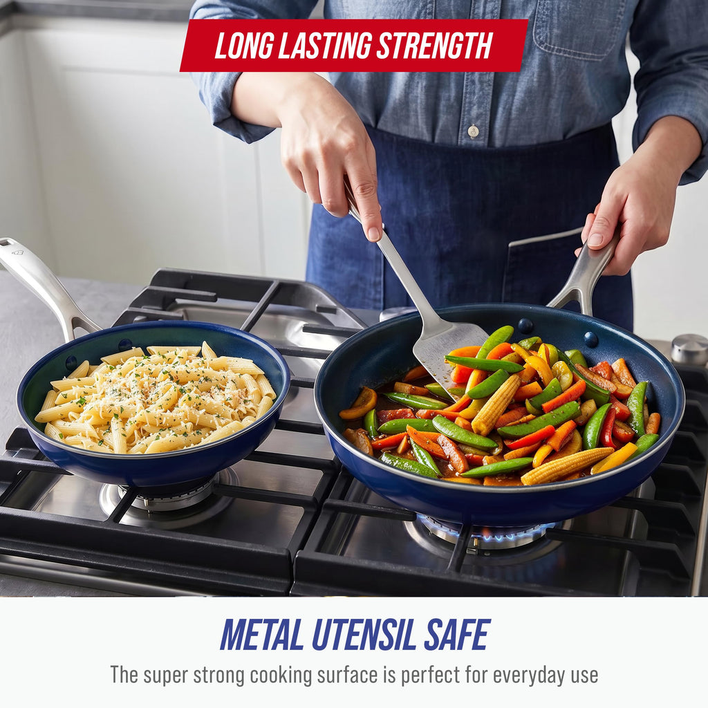 Blue Diamond 2 Piece Nonstick Frying Pan Set, 9.5” & 11" Skillets, PFAS-Free Ceramic, Dishwasher & Oven Safe, Stainless Steel Handle, Durable Metal Utensil Safe, Egg & Omelet Pans, Blue