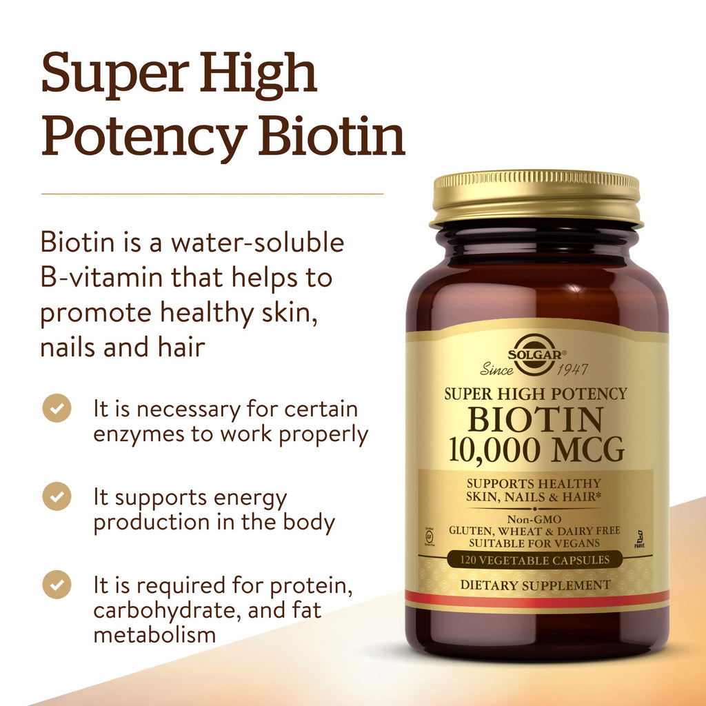 Solgar Biotin 10000 mcg Vegetable Capsules Energy Metabolism Promotes Healthy Skin Nails Hair Super High Potency NonGMO Vegan Gluten Free Dairy Free Kosher Servings, Standard Packaging, Unflavored, 120 Count