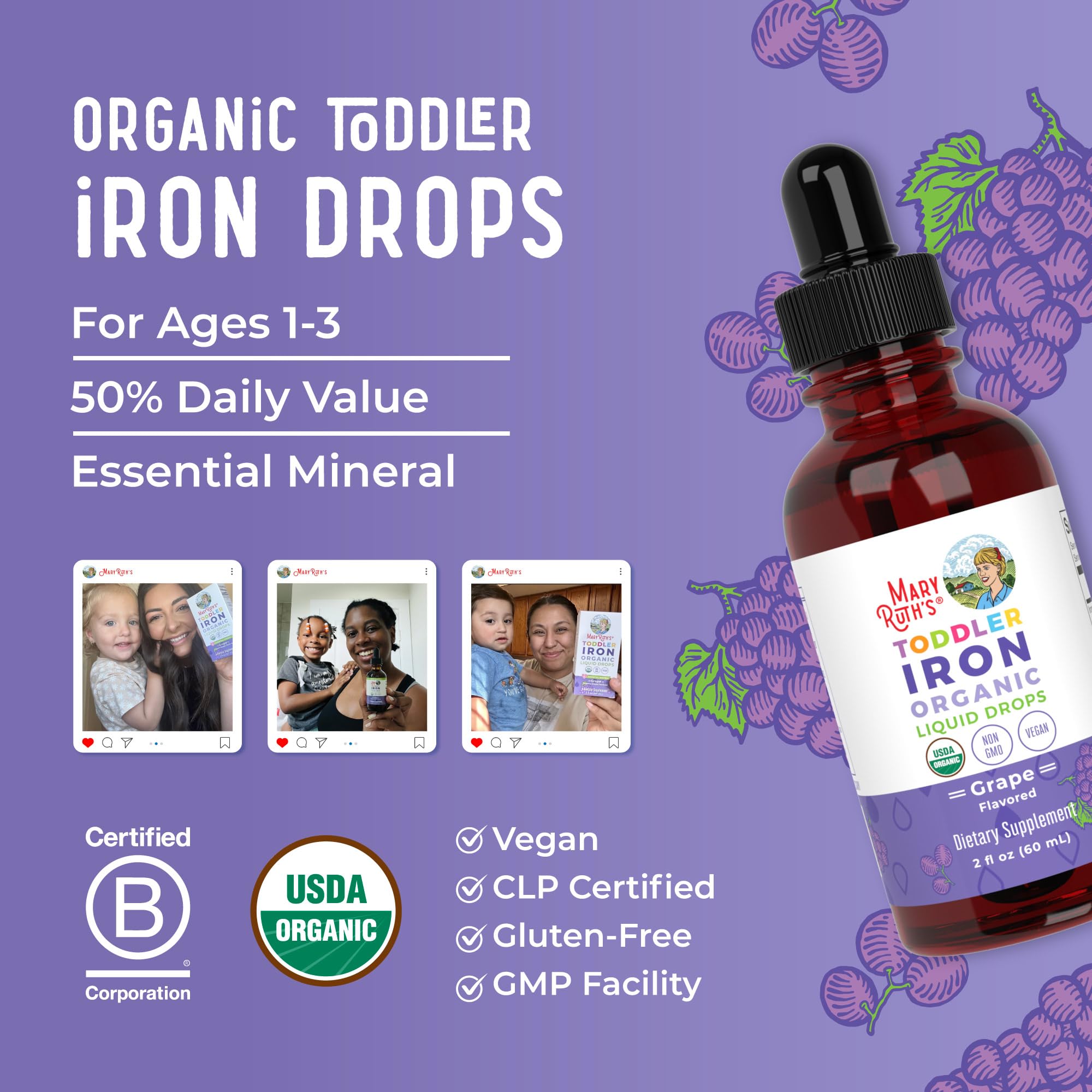 MaryRuth's Organic Toddler Liquid Iron Supplement, Sugar Free, Vegan, 2oz