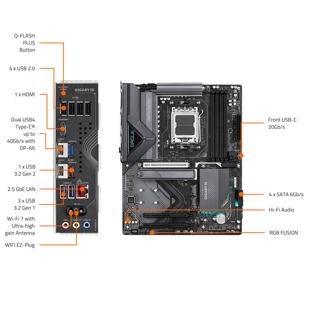GIGABYTE X870 Eagle WIFI7 AMD AM5 LGA 1718 Motherboard, ATX, DDR5, 4X M.2, PCIe 5.0, USB4, WIFI7, 2.5GbE LAN, EZ-Latch, 5-Year Warranty