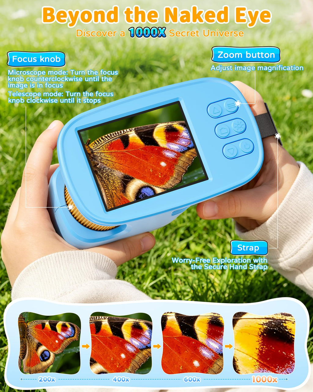 1000X Kids Handheld Microscope, 4K Digital Mini Pocket Digital Microscope with 2.4" IPS Screen, Built-in Camera & 12 Prepared Slides, STEM Educational Toy, Birthday Gift for Boys & Girls Ages 3–12