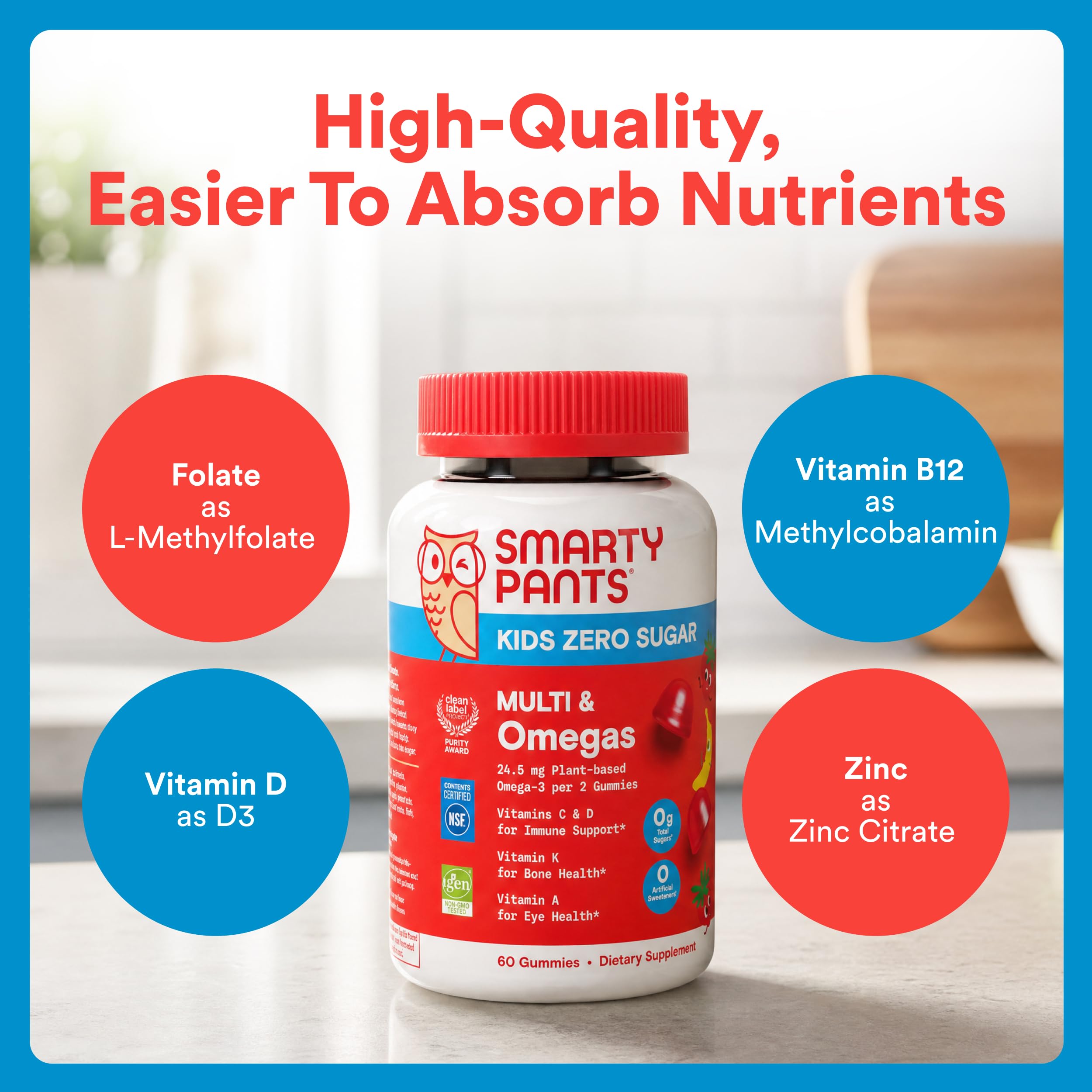 SmartyPants Kids Zero Sugar Multi & Omegas Multivitamin Gummies with Omega 3 ALA, Vitamins D, C, A, Plant-Based, Clean Label, No Sugar Alcohols, Strawberry Banana Flavor, 60 Gummies (30 Day Supply)