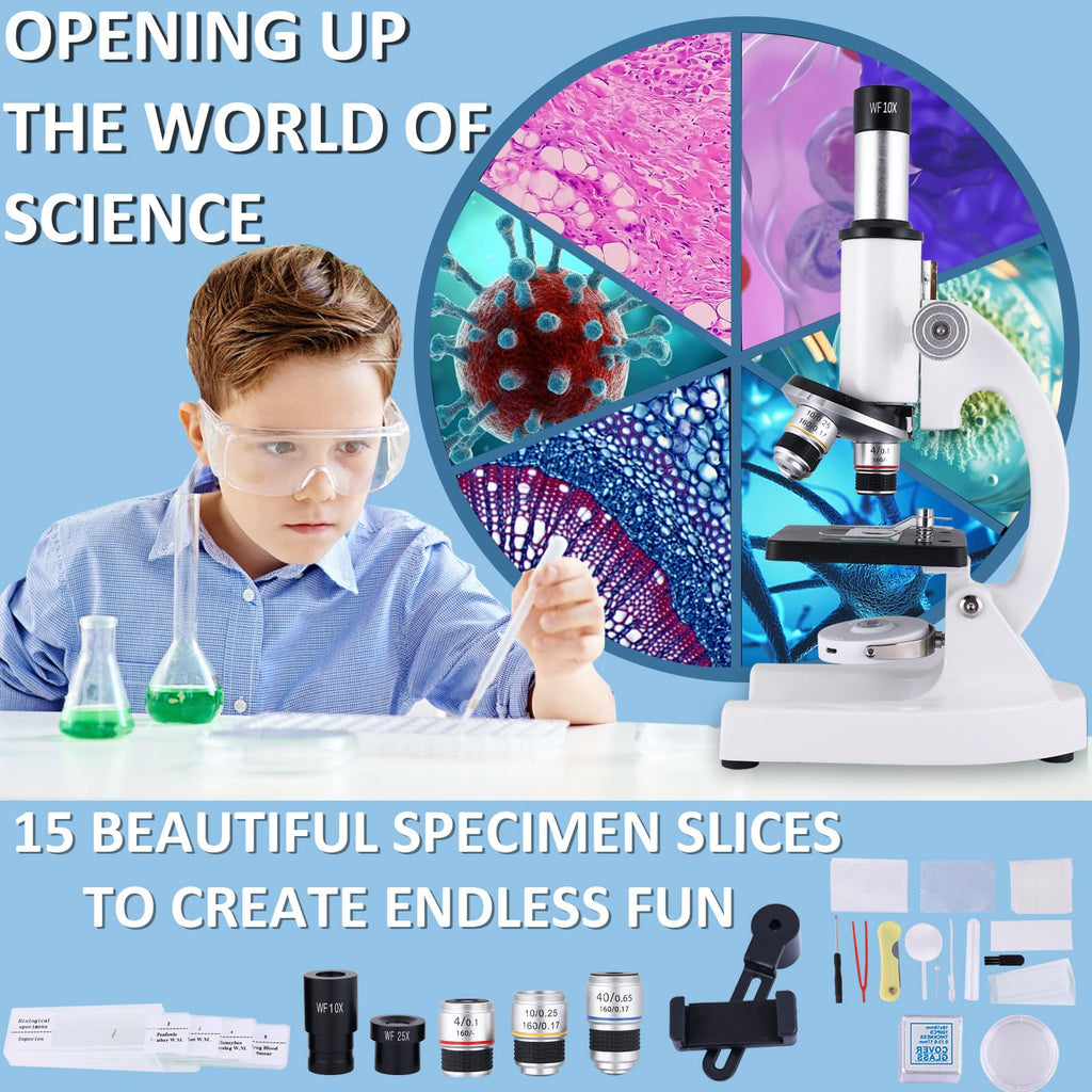 Microscope for Kids & Adults,40X-2000X Microscope with Phone Adapter & Slides Set,Suitable for Students School Lab and Home Education
